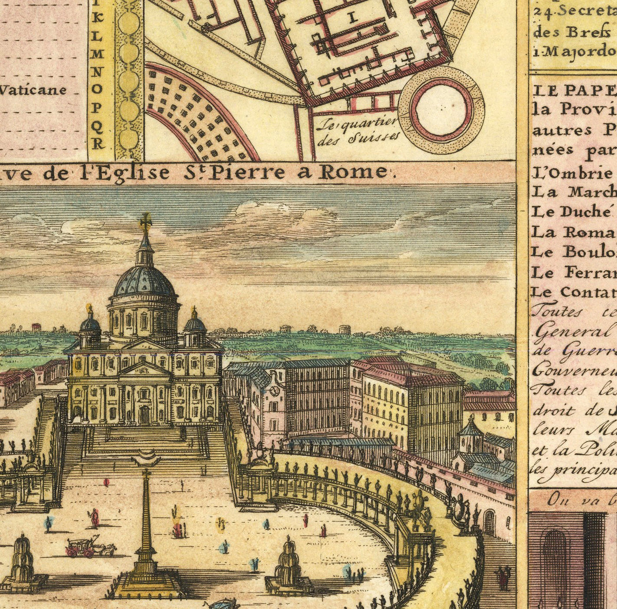 The image is a vintage map of the city of Rome, Italy, featuring the St. Peter's Basilica and other buildings in the foreground, as well as a detailed illustration of the city's layout and architecture.