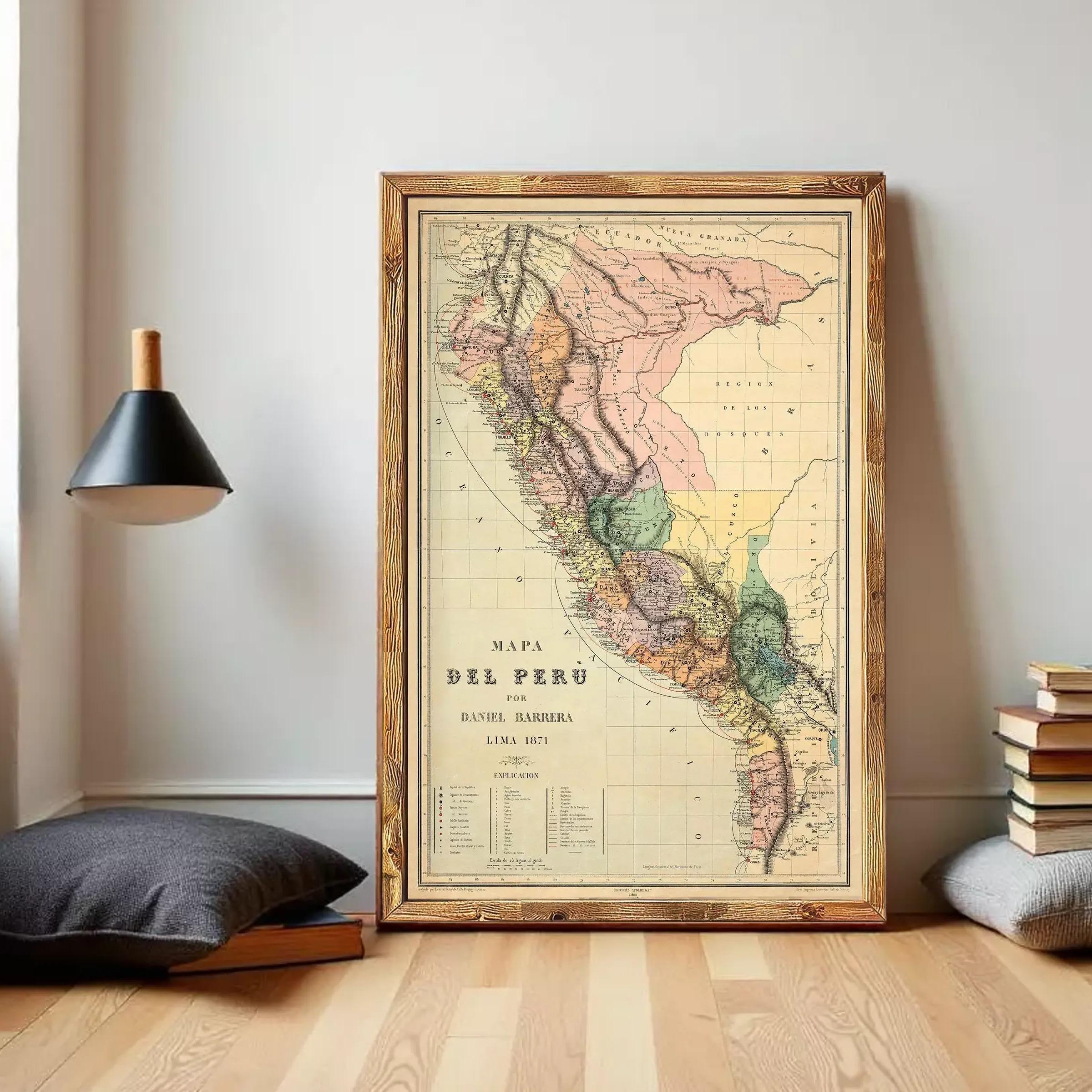 The image is a framed vintage map of South America, specifically the Andes Mountains region, with a wooden frame.
