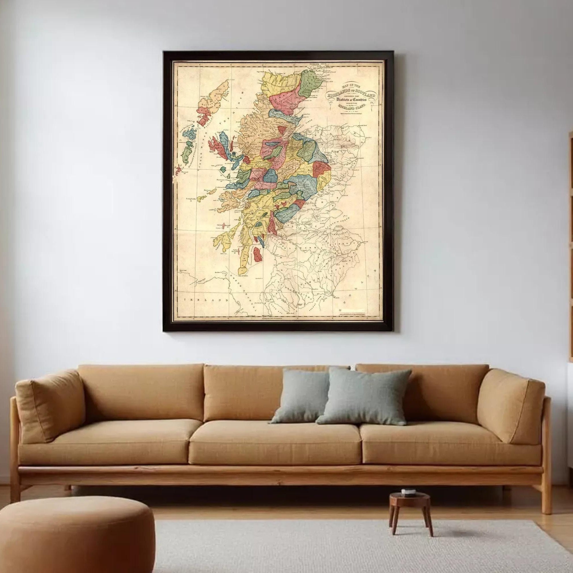 The image is a framed historical map of Scotland, depicting the country's geographical layout and boundaries.