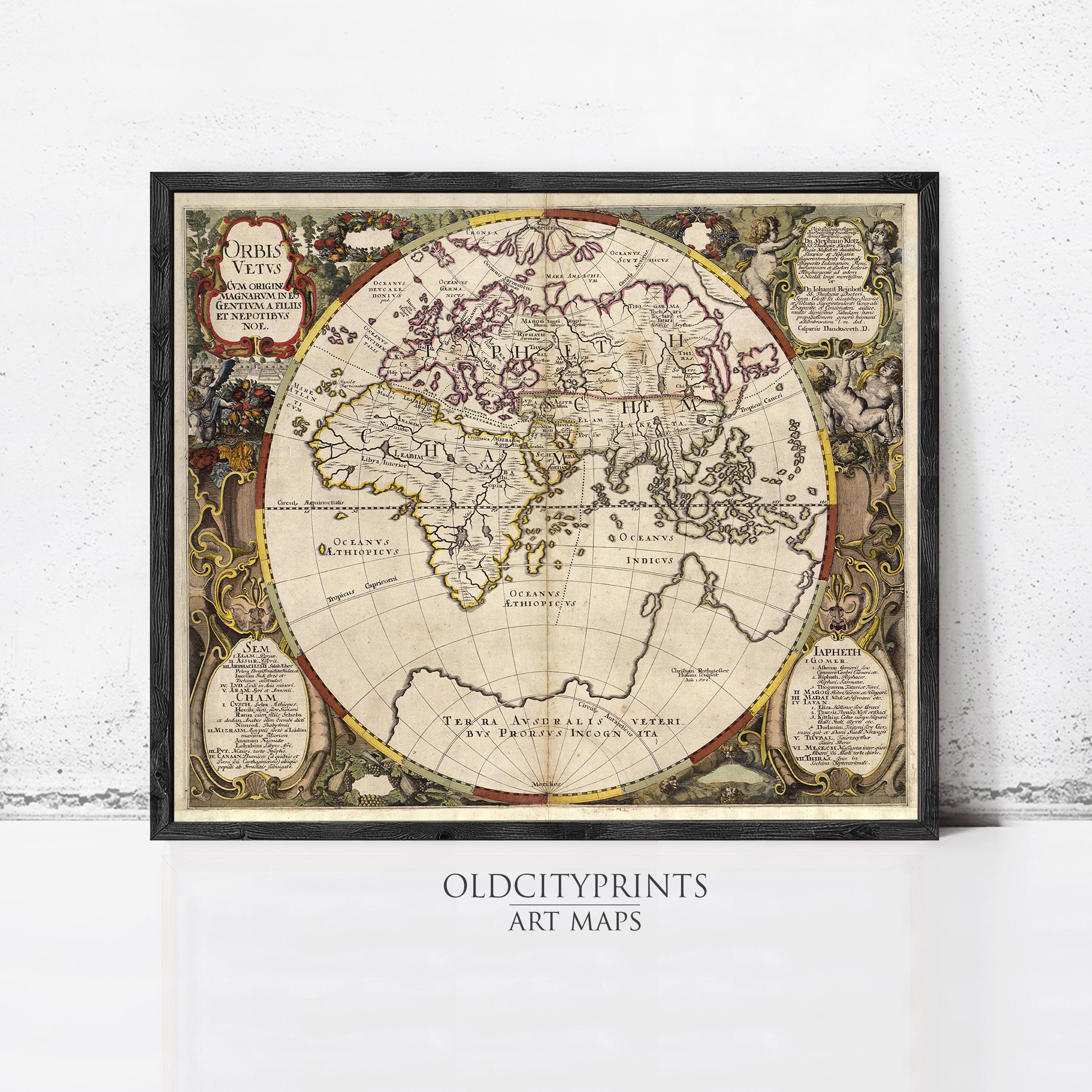 The image is a framed antique map of the world, featuring intricate details and decorative elements.