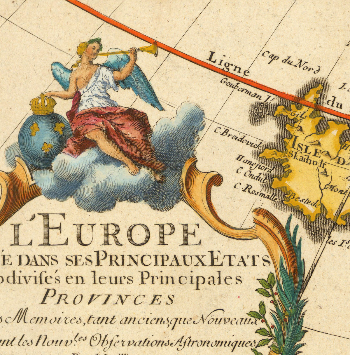 The image is a detailed map of Europe, featuring a central figure holding a trumpet and surrounded by clouds and a banner. The map includes various locations and landmarks, such as the capital of France, the country of Germany, and the country of Italy. The text on the map is in French and provides information about the different regions and their capitals.
