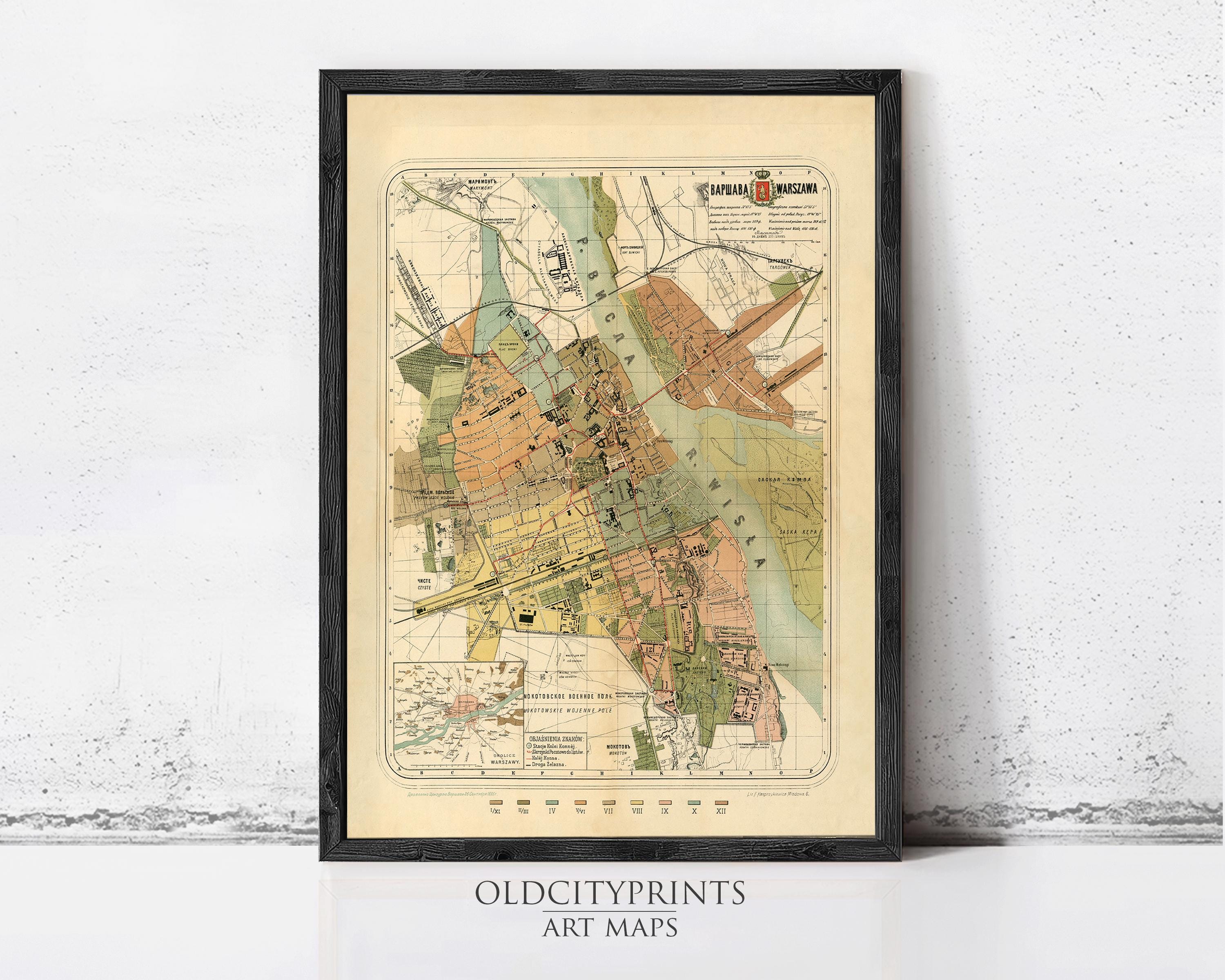The image is a framed vintage map of a city, likely from the 19th century, with detailed geographical information and labels.