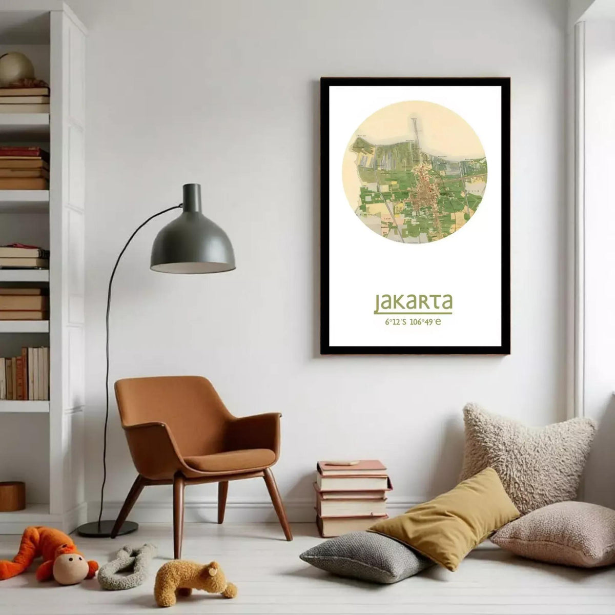 a cozy living room with a brown armchair, a lamp, and a framed poster of Jakarta hanging on the wall.