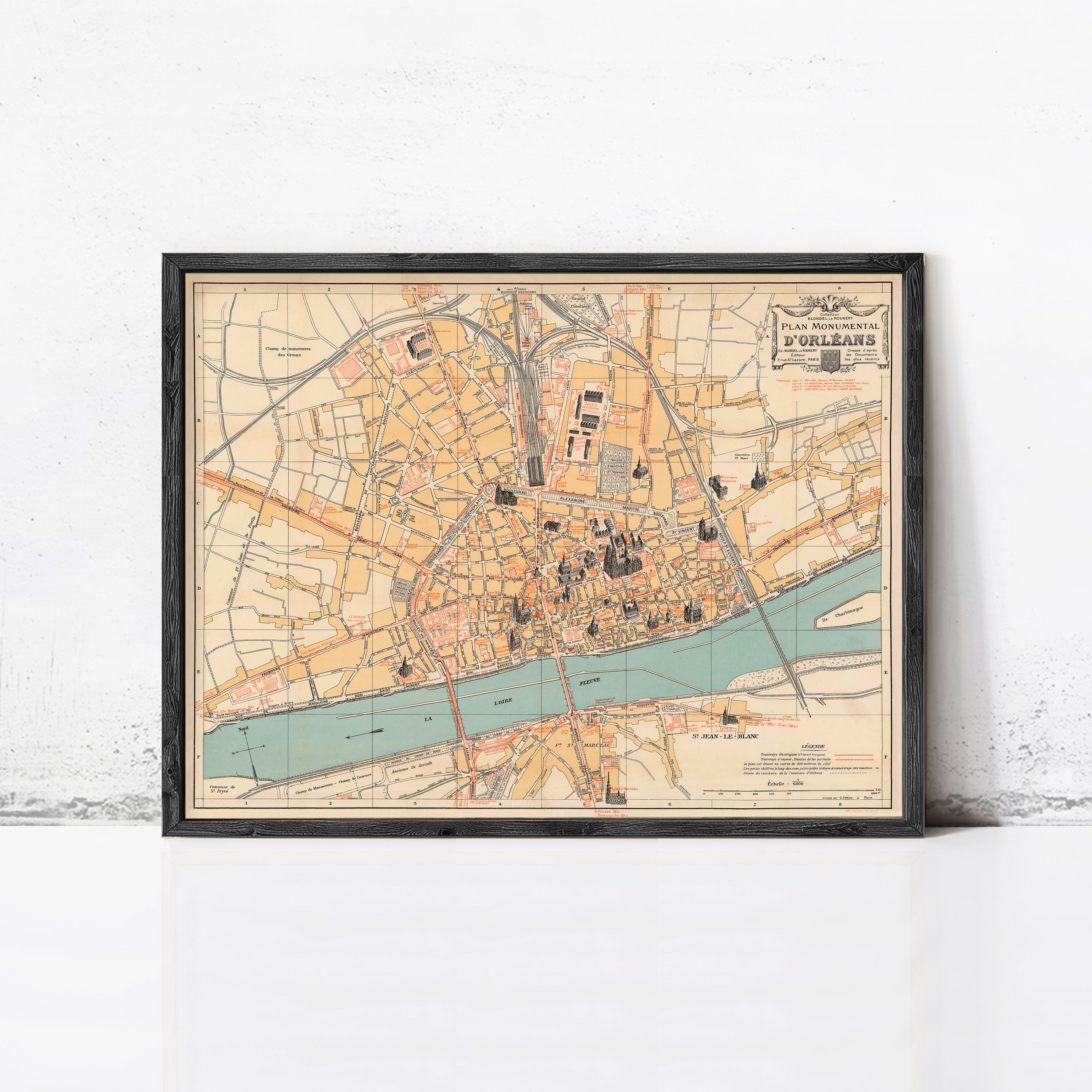 The image is a framed vintage map of the city of Paris, France, depicting the city's streets, landmarks, and surrounding areas.