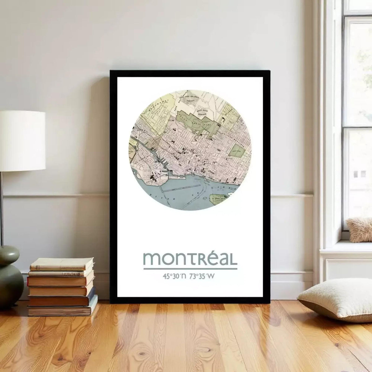 A framed map of Montreal, Canada, with the city's location and surrounding area depicted.