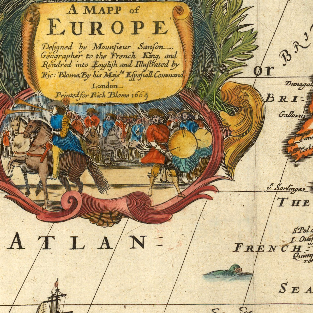 The image is a detailed map of Europe, featuring various landmarks and geographical features.