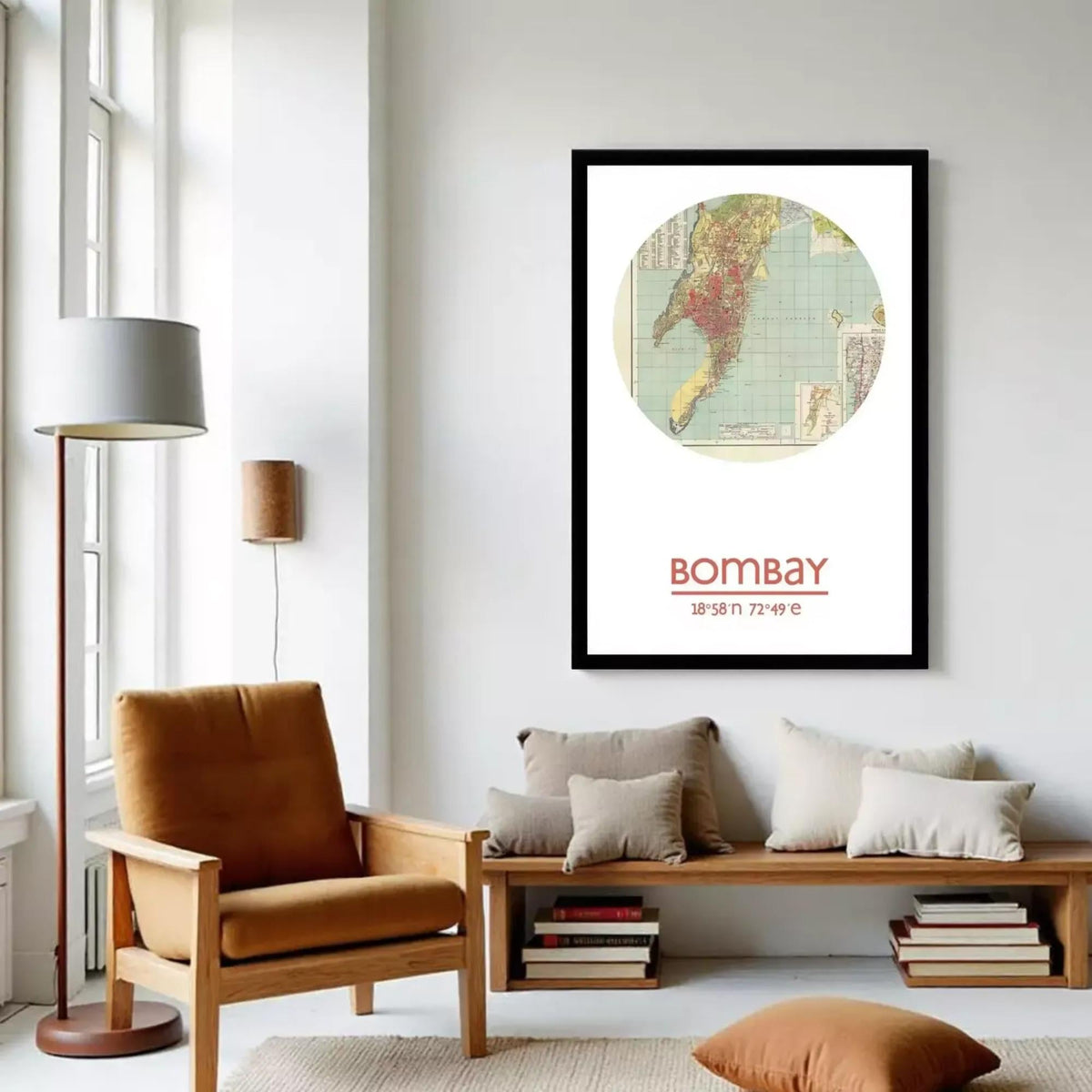 A framed vintage map of the world, with the text "BOMBAY" and the location coordinates "1858° 17' 71.49° e" displayed on the bottom.