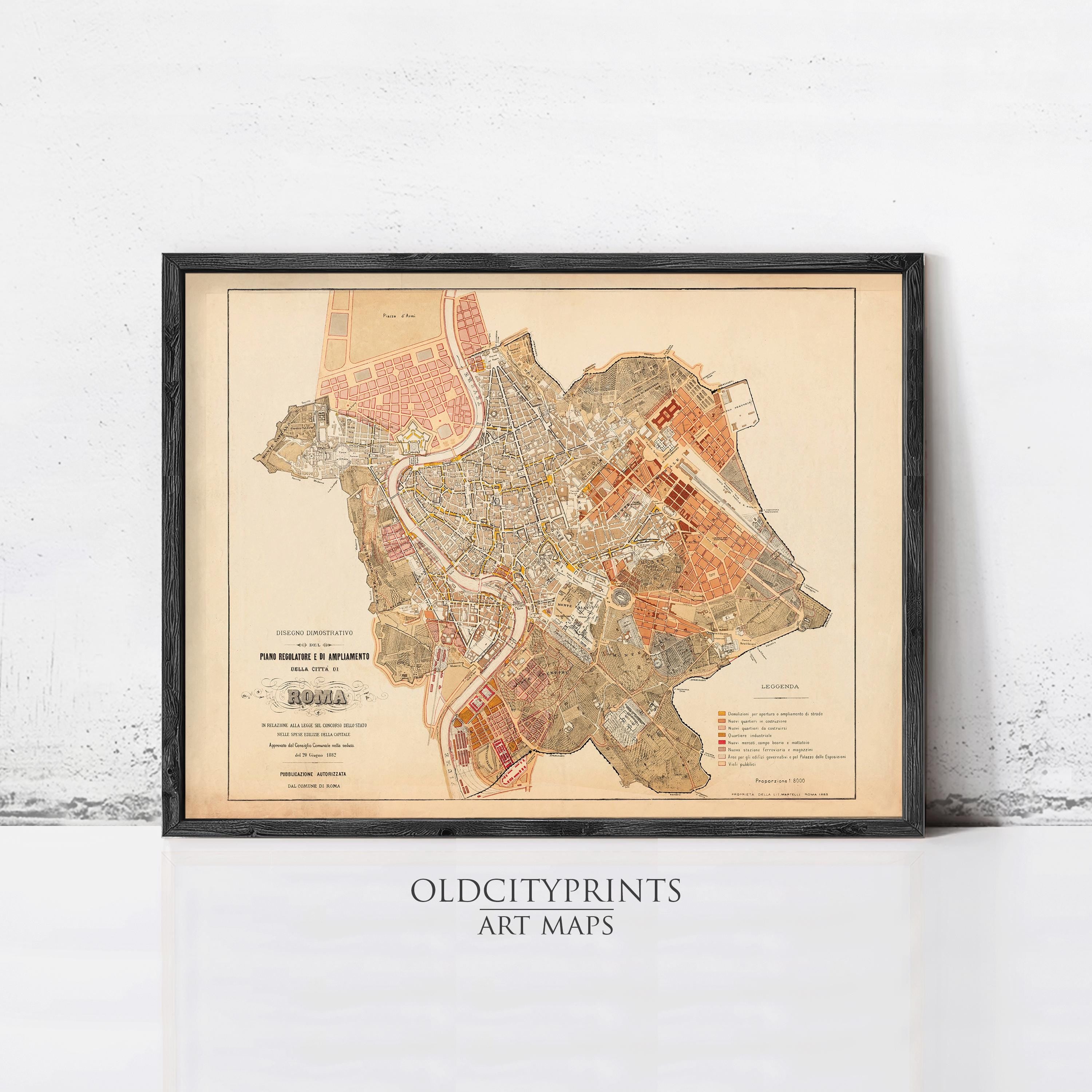 The image is a framed vintage map of Rome, Italy, depicting the city's layout and surrounding areas.