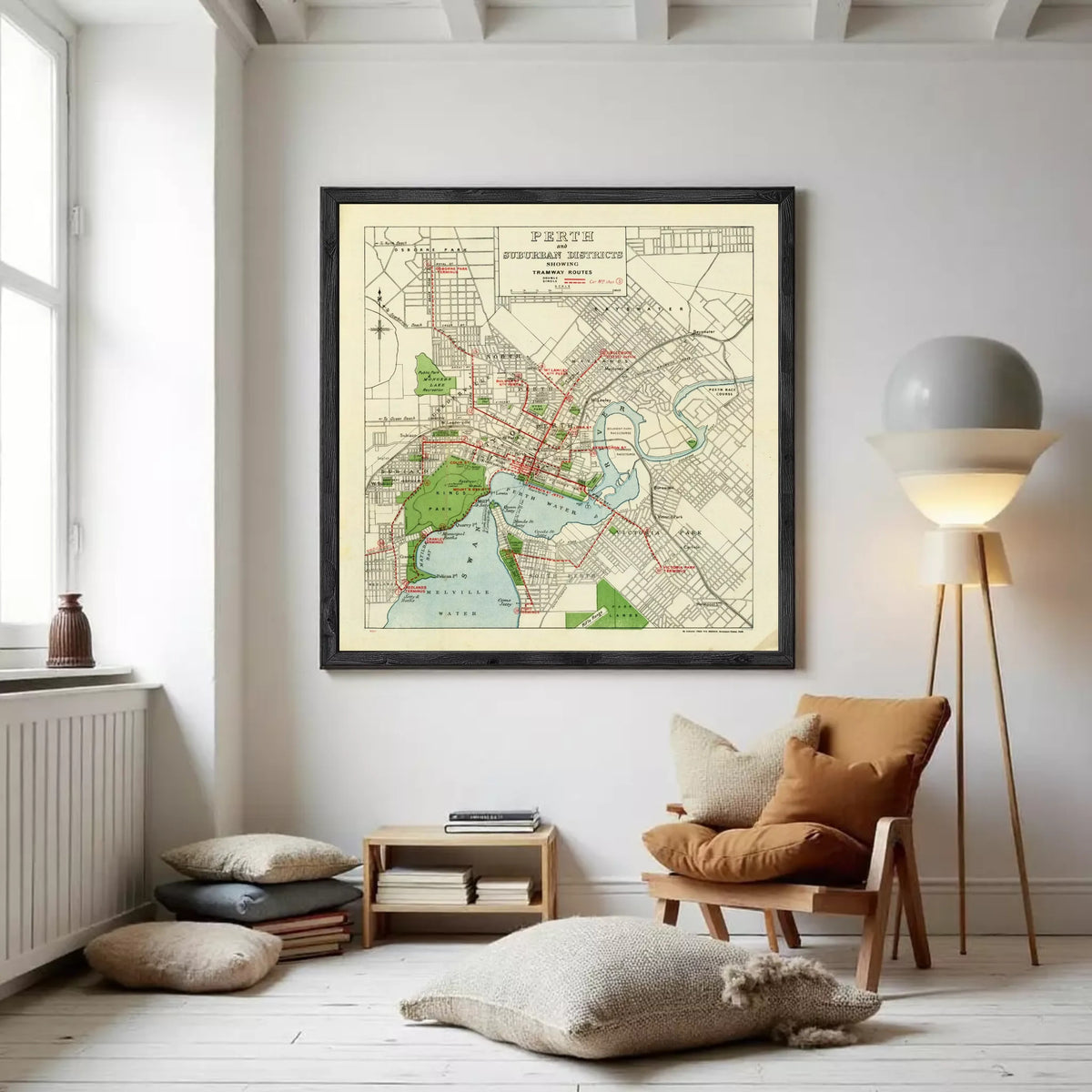The image is a framed vintage map of the city of Perth, Australia, depicting the city's streets, parks, and other landmarks.