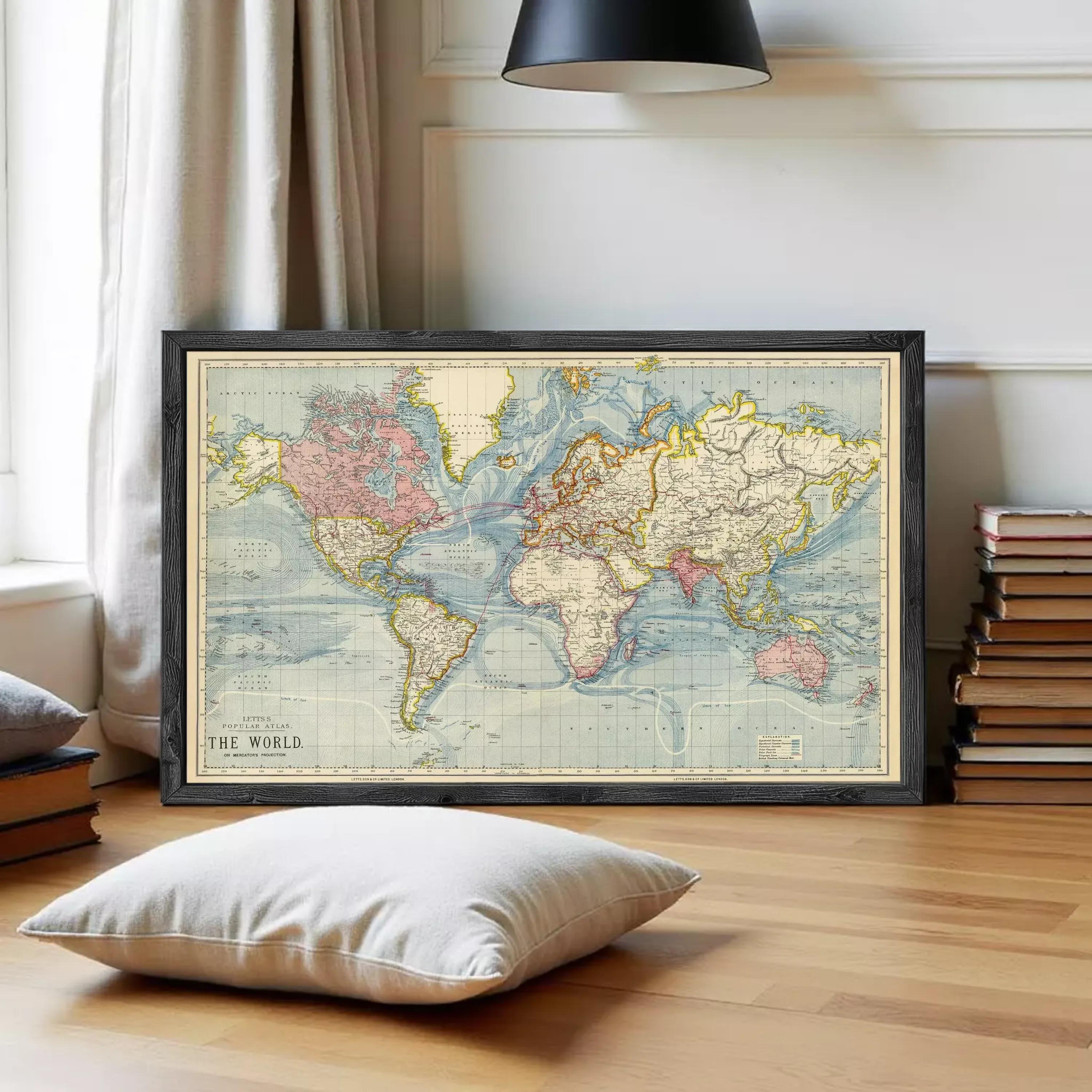Vintage World Map 1883 Mercator projection Vintage Map | Vintage
