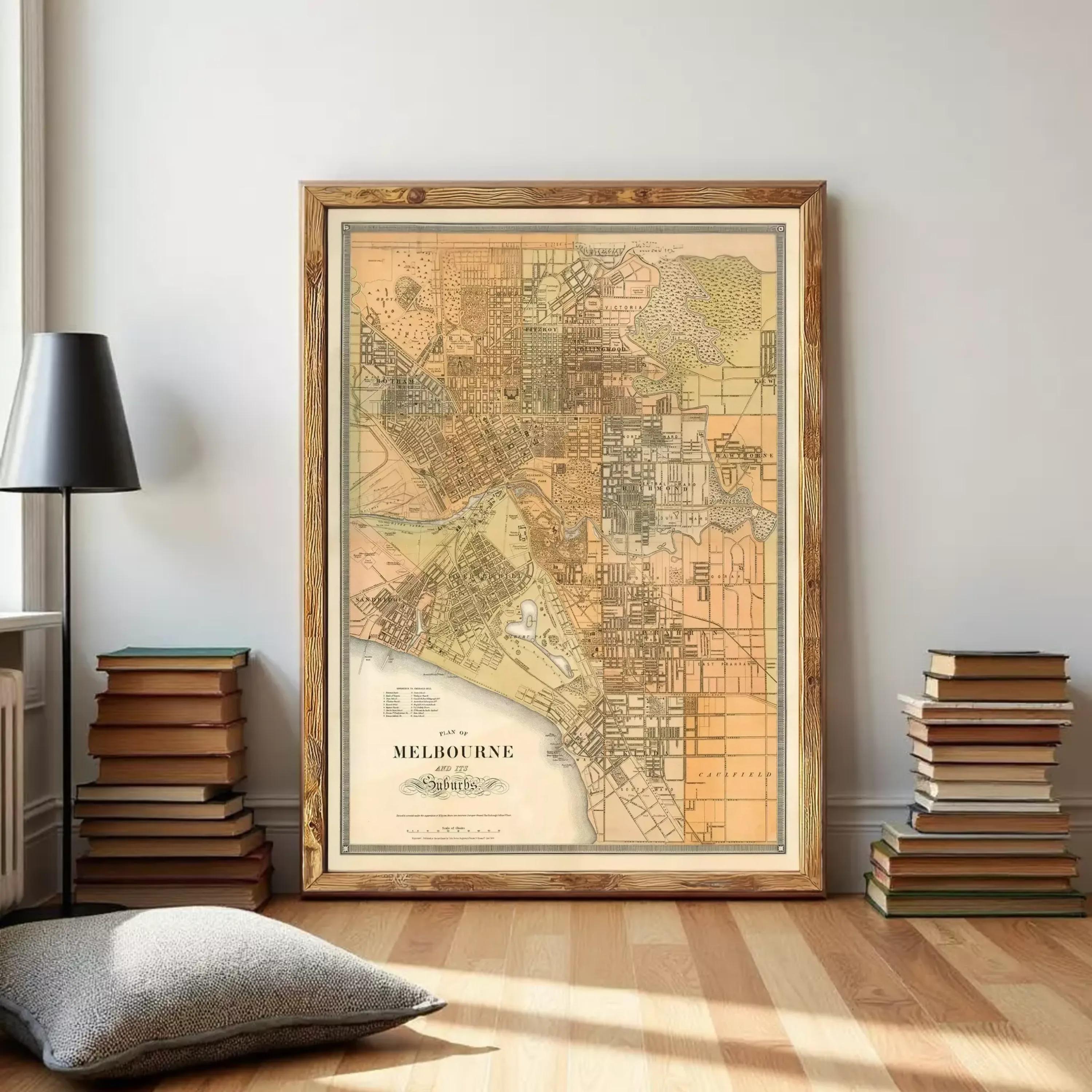 The image is a framed map of Melbourne, Australia, depicting the city's layout and surrounding areas.