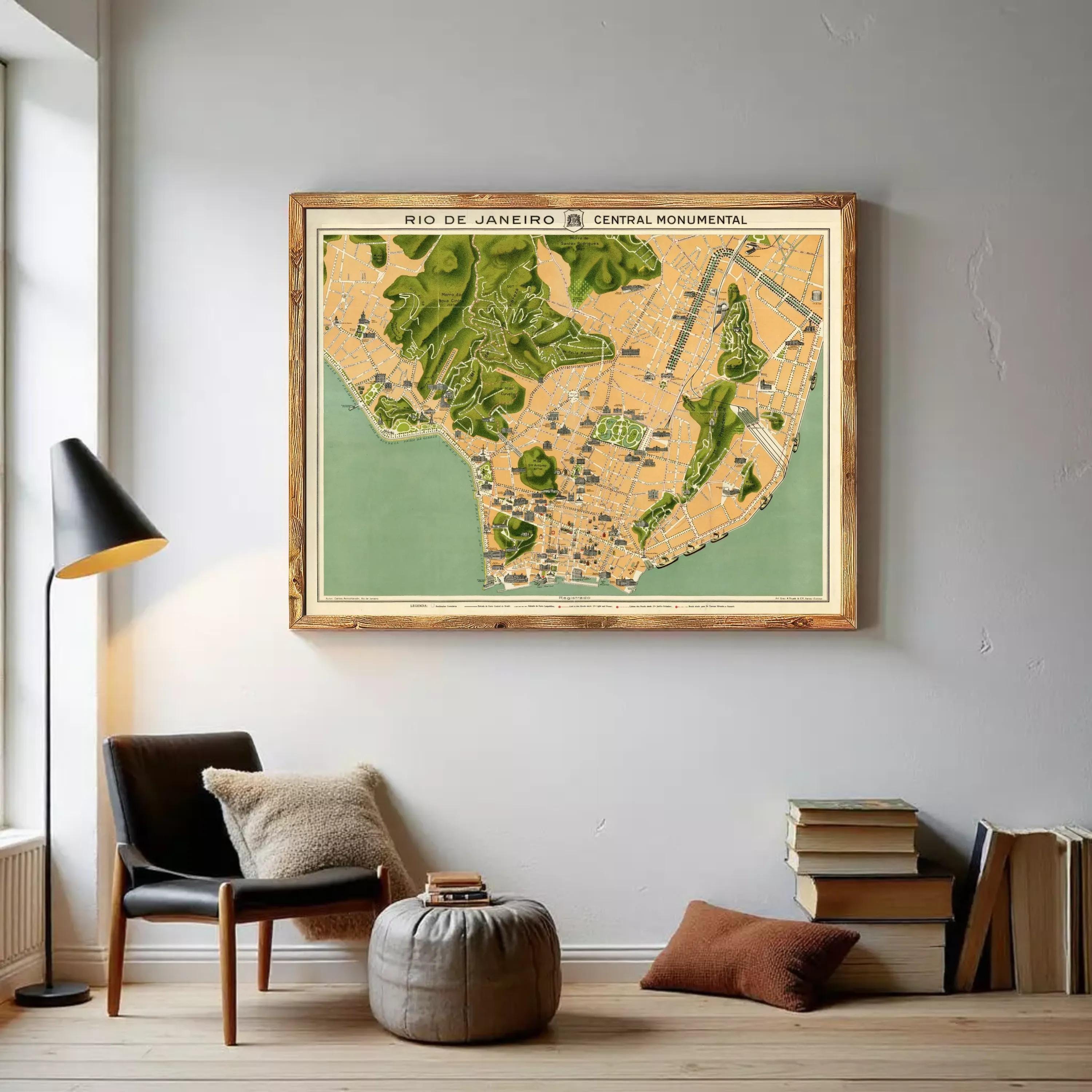 The image is a framed map of Rio de Janeiro, Brazil, depicting the city's central monument.