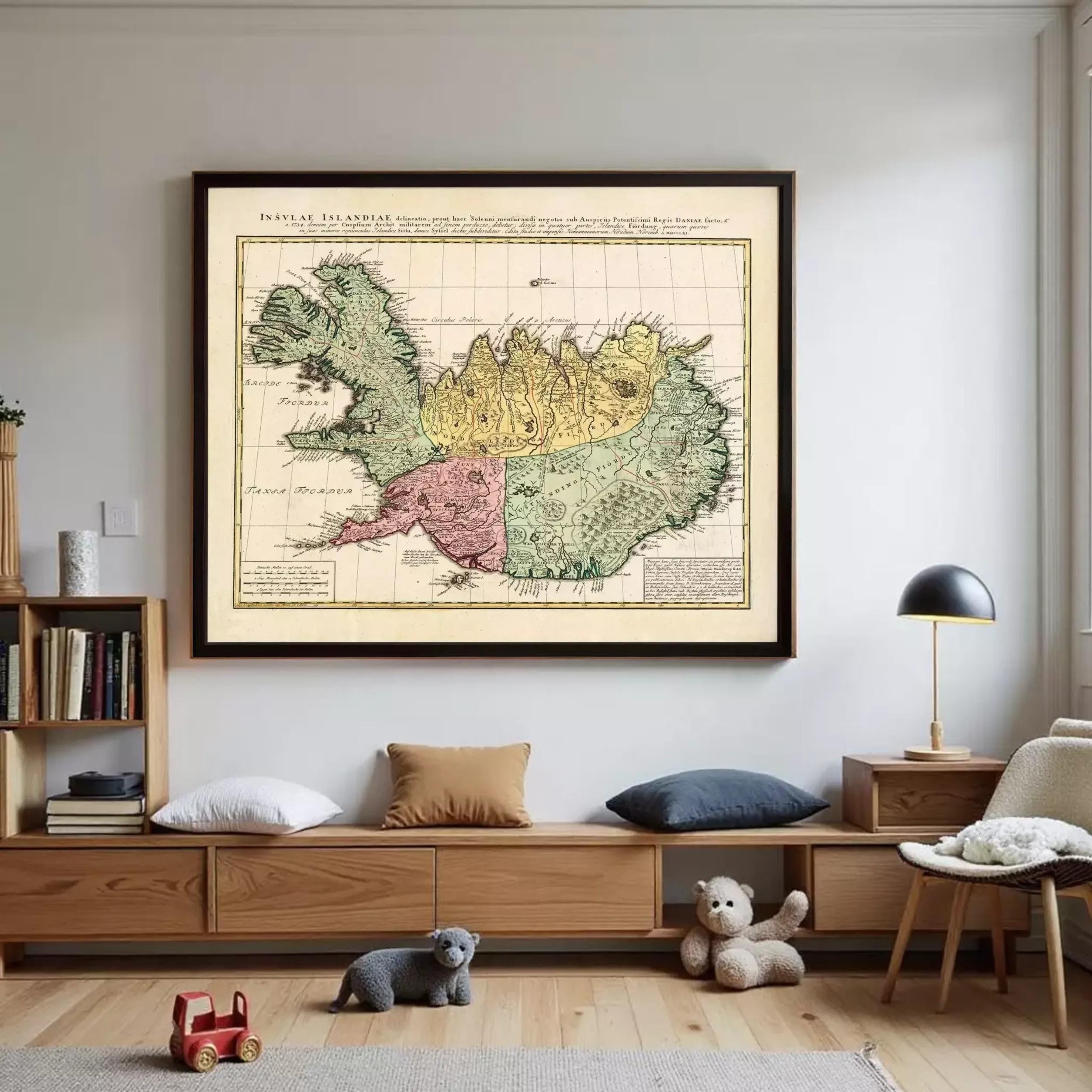 The image is a framed vintage map of Iceland, depicting the country's geographical layout and surrounding areas.