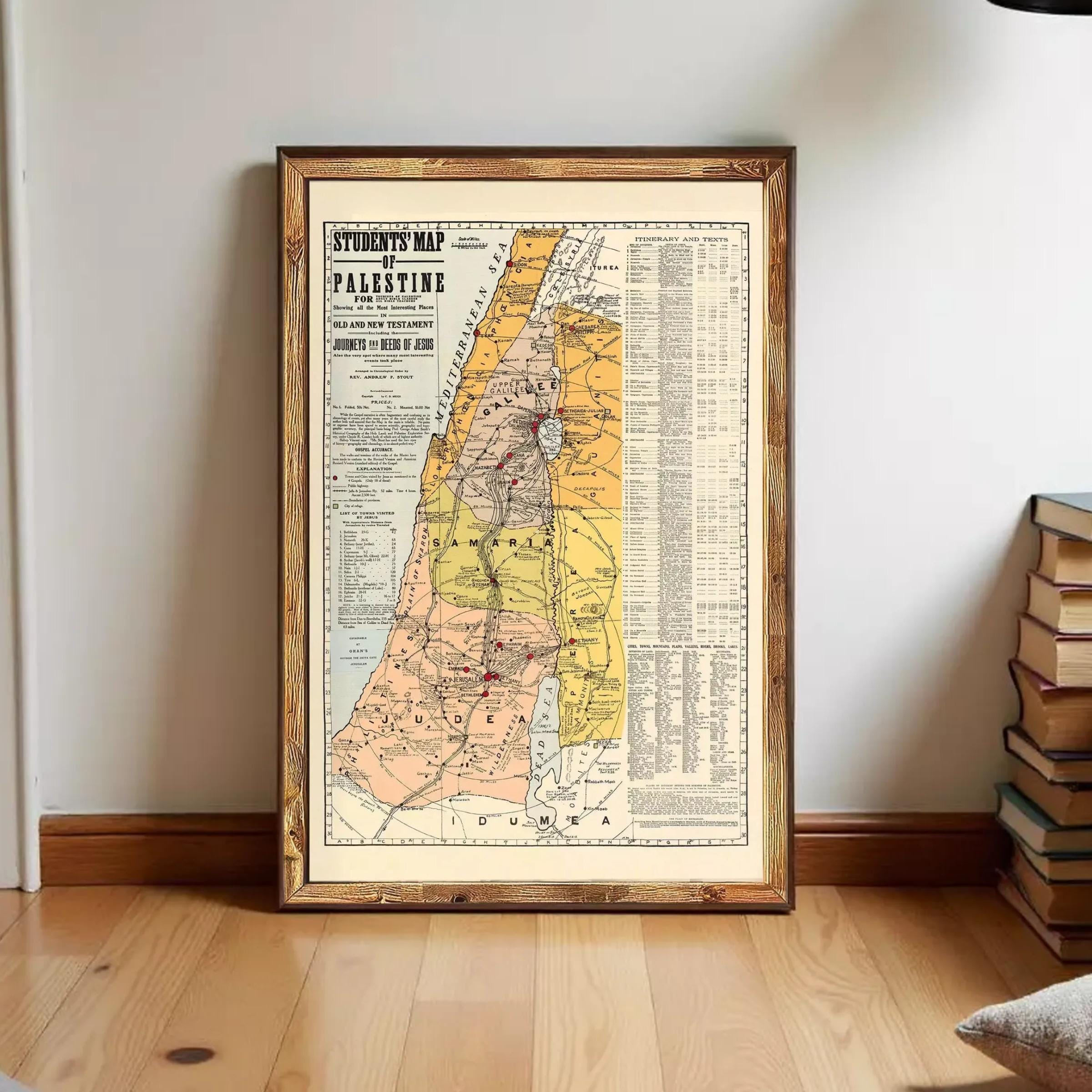 The image is a framed vintage map of Palestine, showing the borders and geographical features of the region.