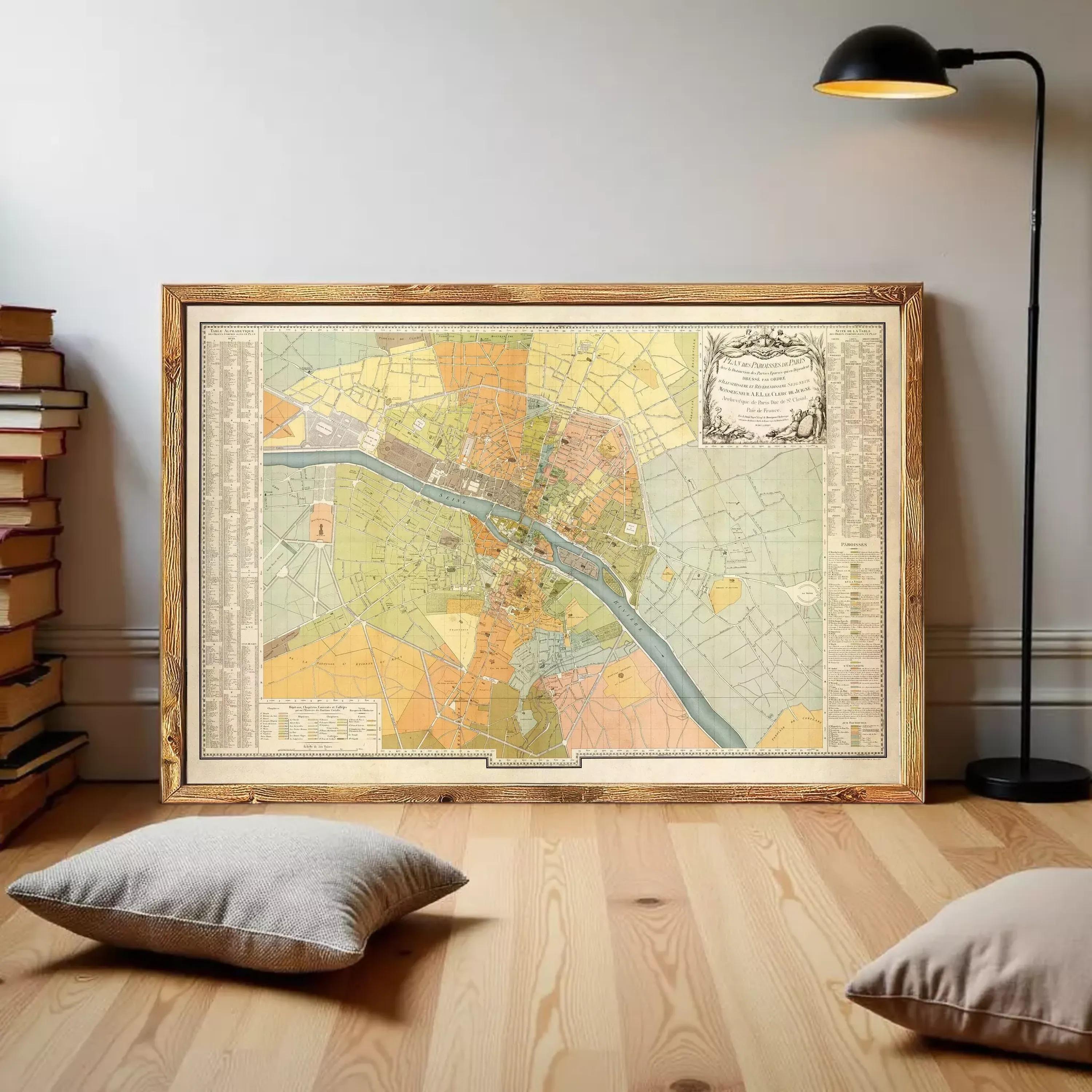 The image is a framed vintage map of a city, likely Paris, with a detailed and colorful depiction of the city's streets and landmarks.