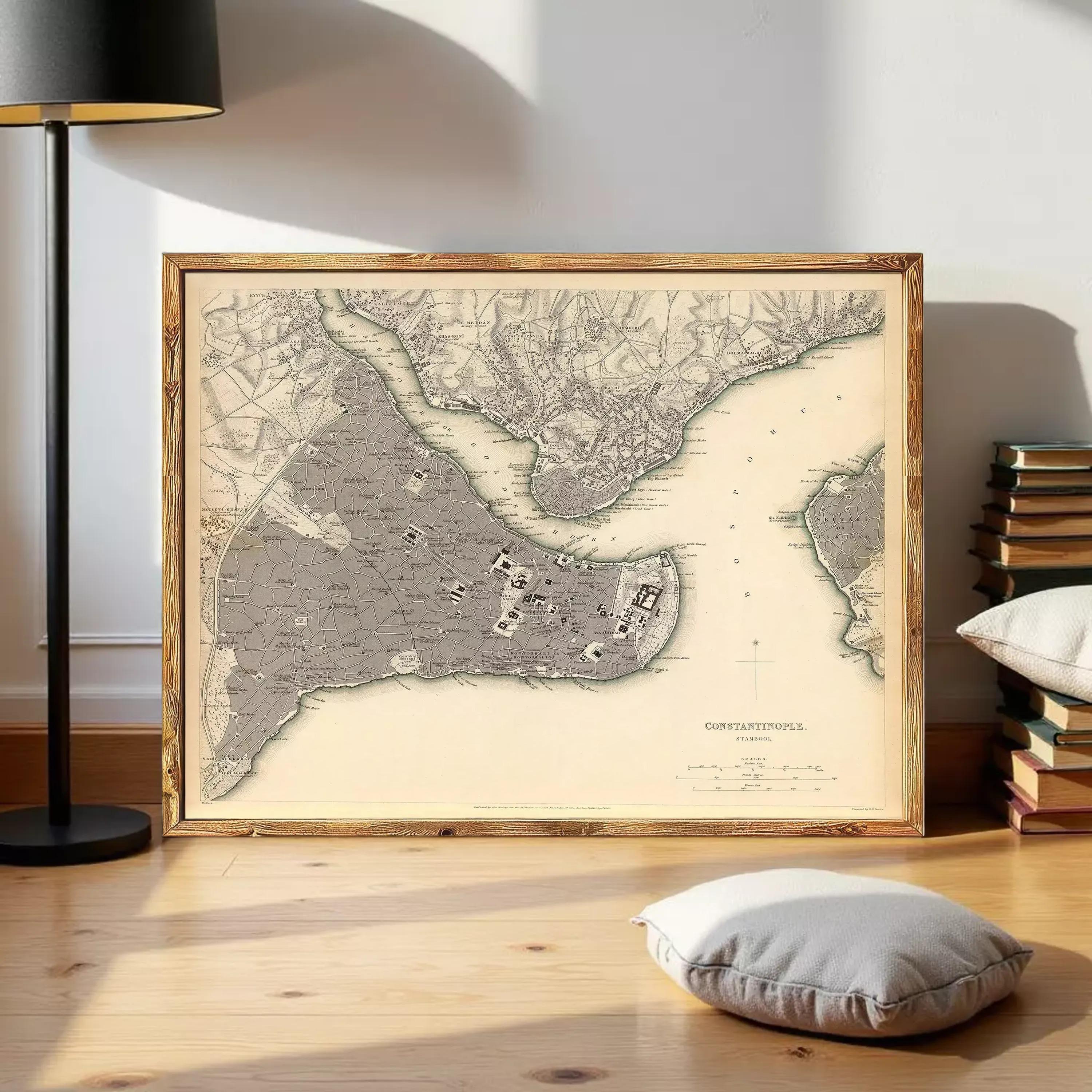 The image is a framed map of the city of Istanbul, Turkey, depicting the city's streets, landmarks, and surrounding areas.