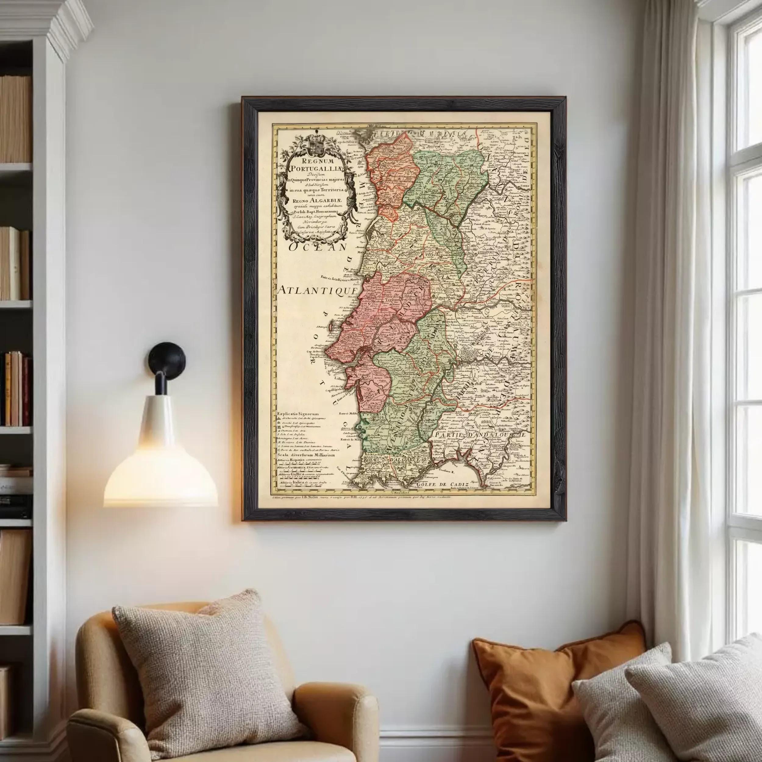 The image is a framed antique map of Portugal, showing the different regions and their geographical features.
