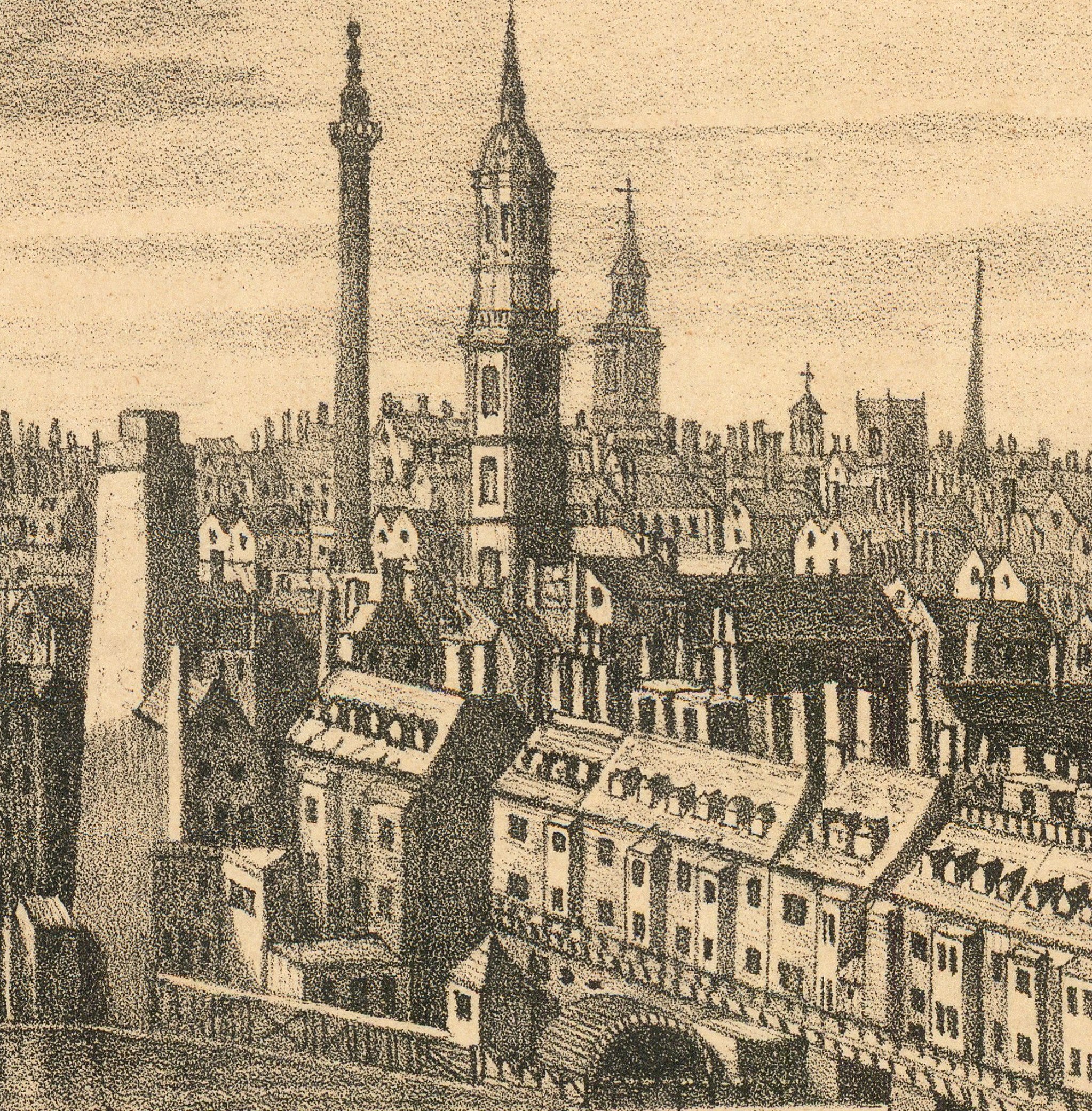 A detailed black and white illustration depicting a cityscape with tall buildings, domed structures, and a church spire in the distance.