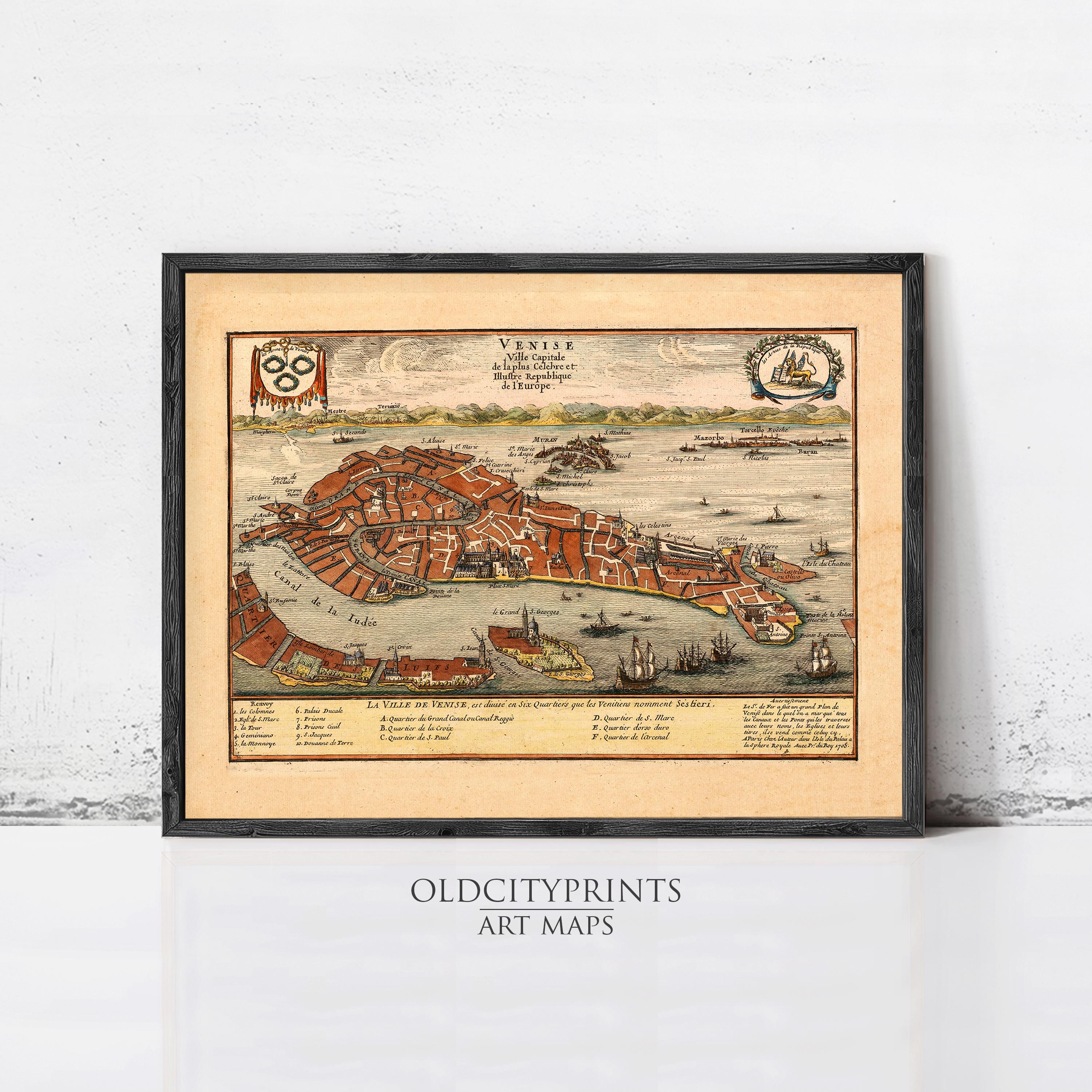 The image is a framed vintage map of Venice, Italy, depicting the city's layout and surrounding waterways.