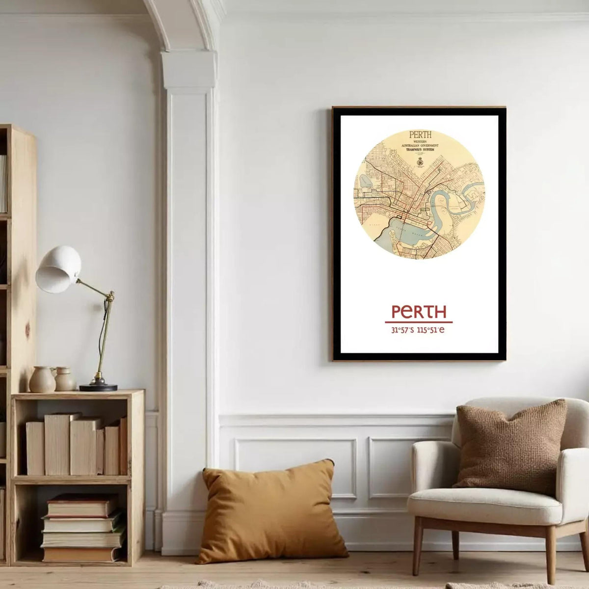 A framed vintage map of Perth, Australia, with the city's name and location prominently displayed.