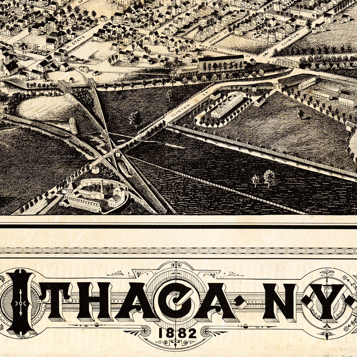 The image is a black and white illustration of a city, depicting a large field, buildings, and roads.
