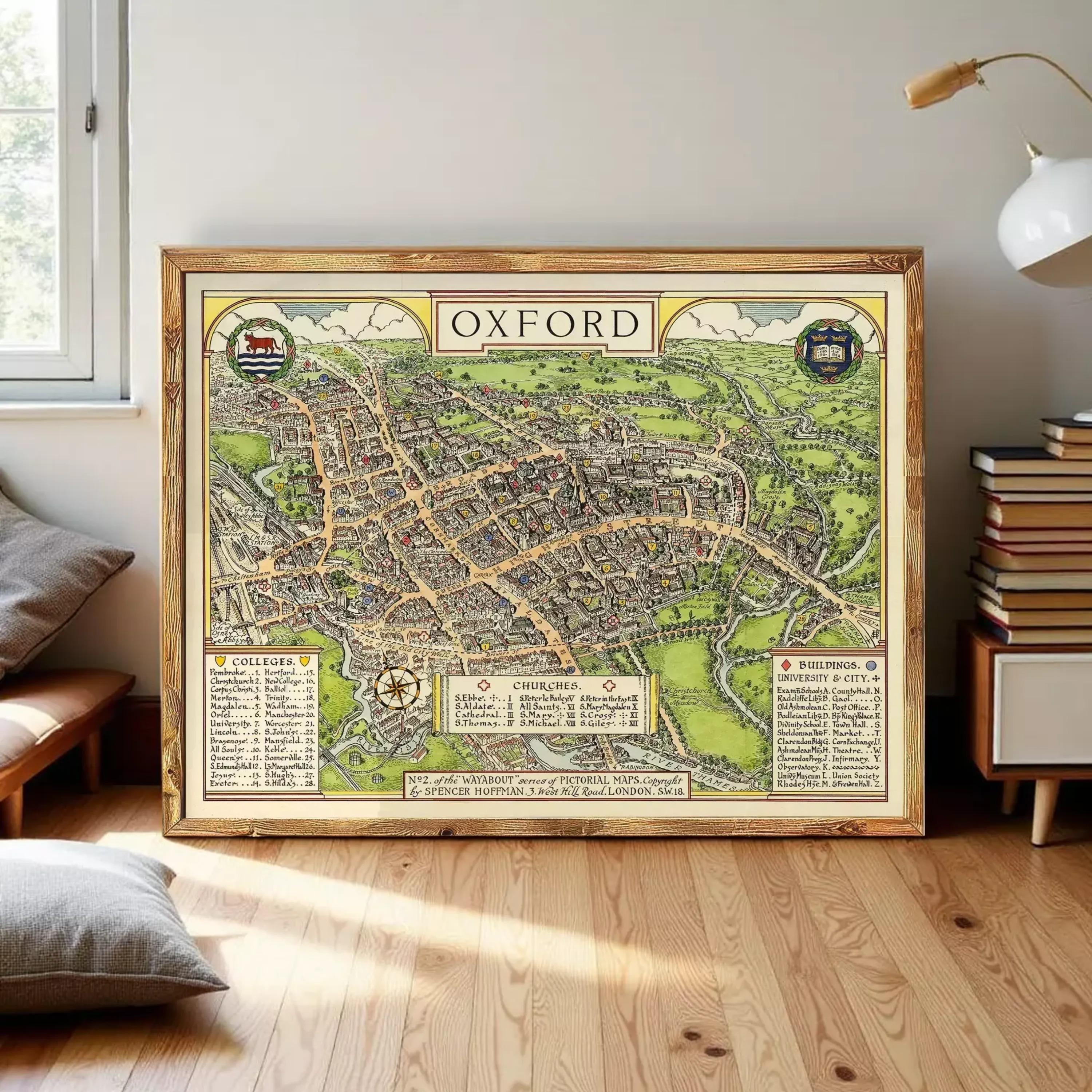 The image is a framed vintage map of Oxford, England, depicting the city's layout and surrounding areas.
