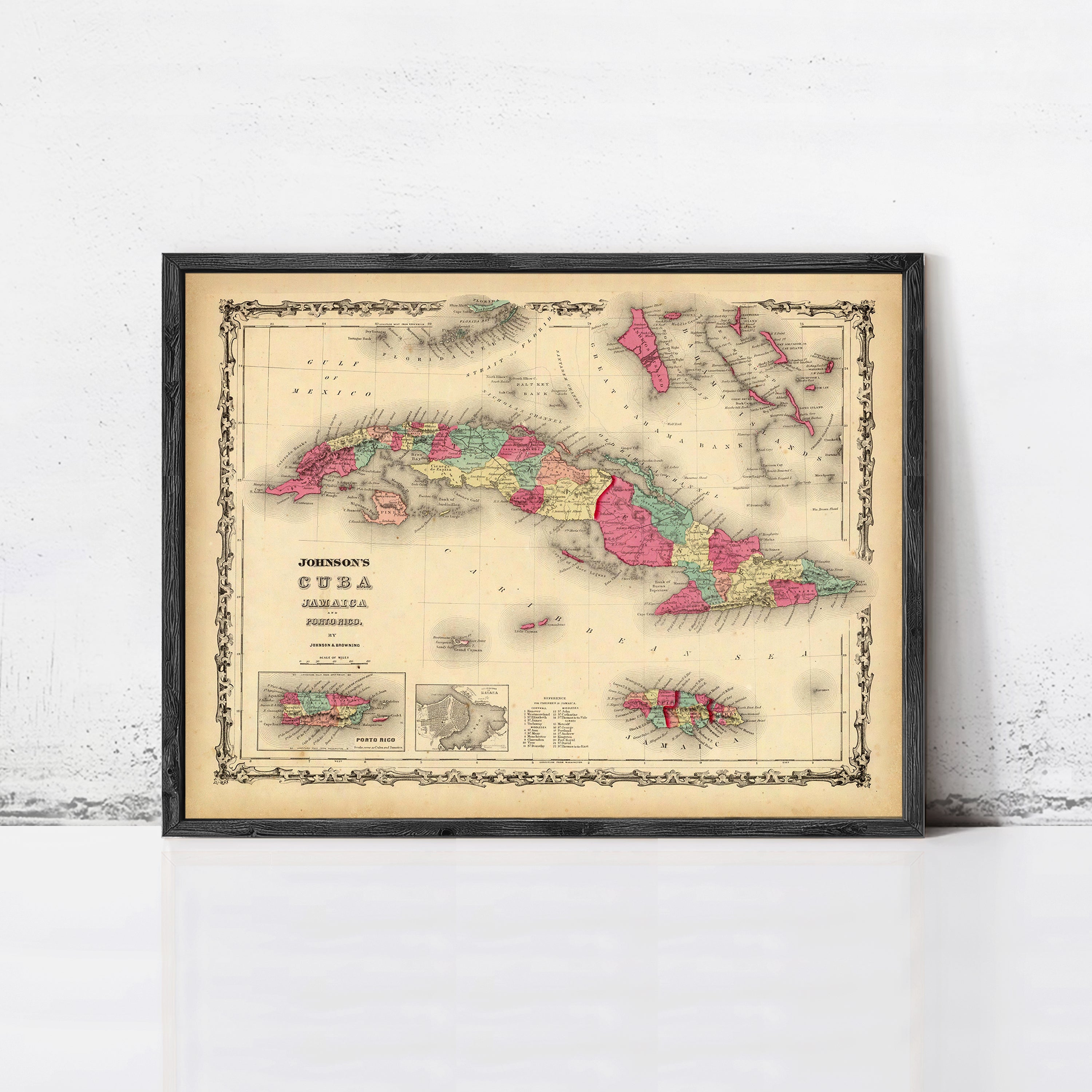The image is a framed vintage map of Cuba, depicting the country in a detailed and colorful manner.