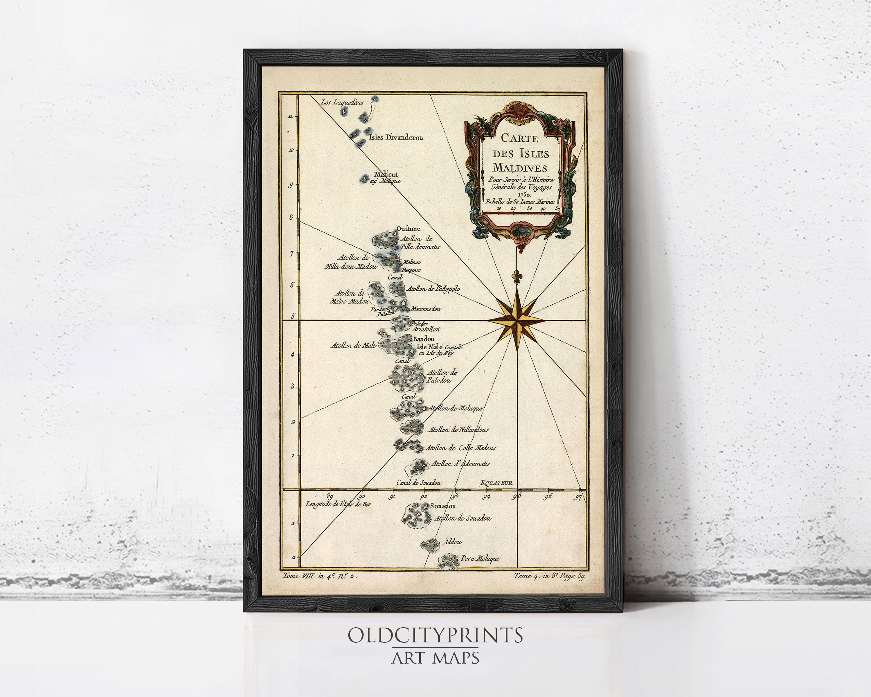 The image is a framed vintage map of the Maldives, depicting various islands and coastlines.