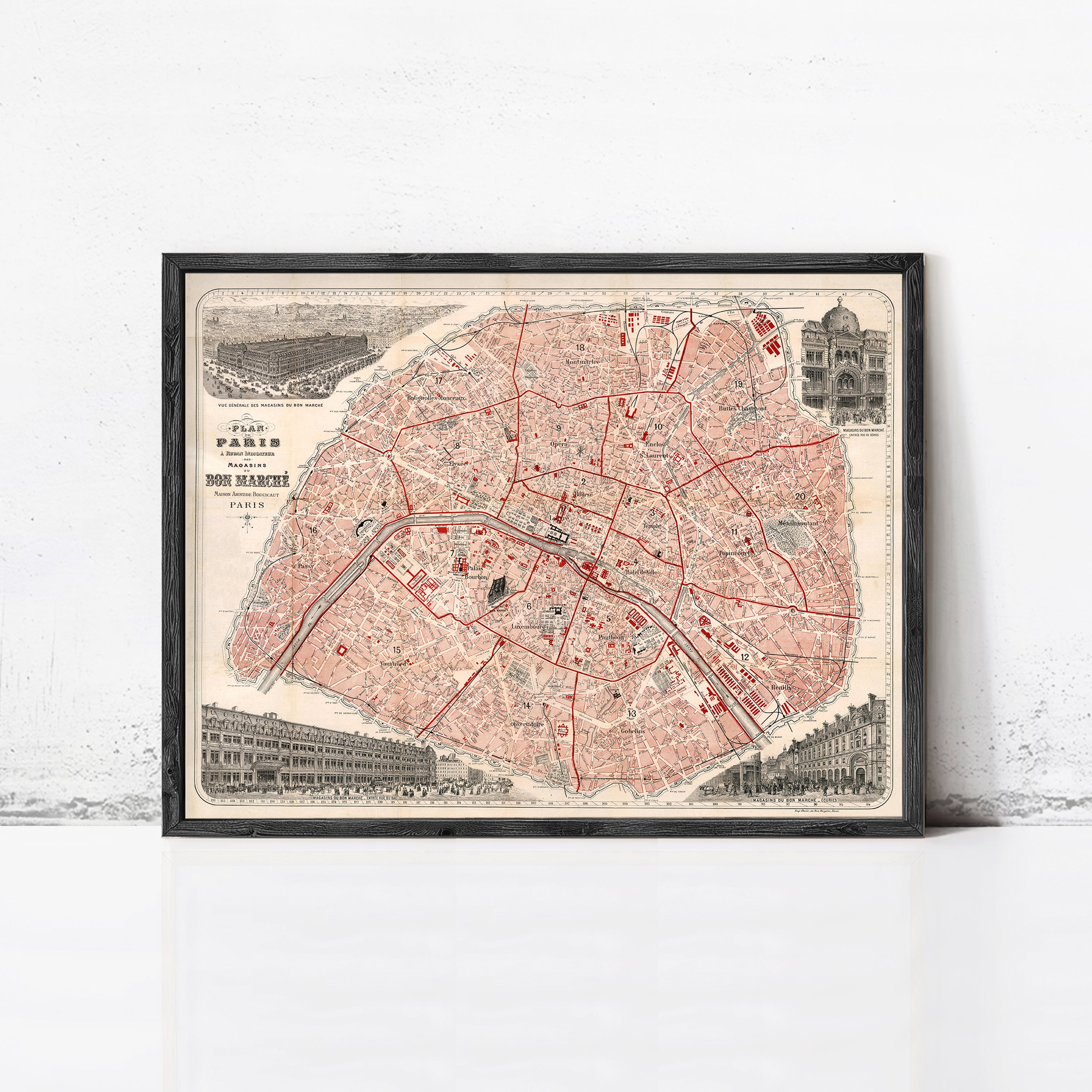 The image is a framed vintage map of Paris, France, depicting the city's streets and landmarks.