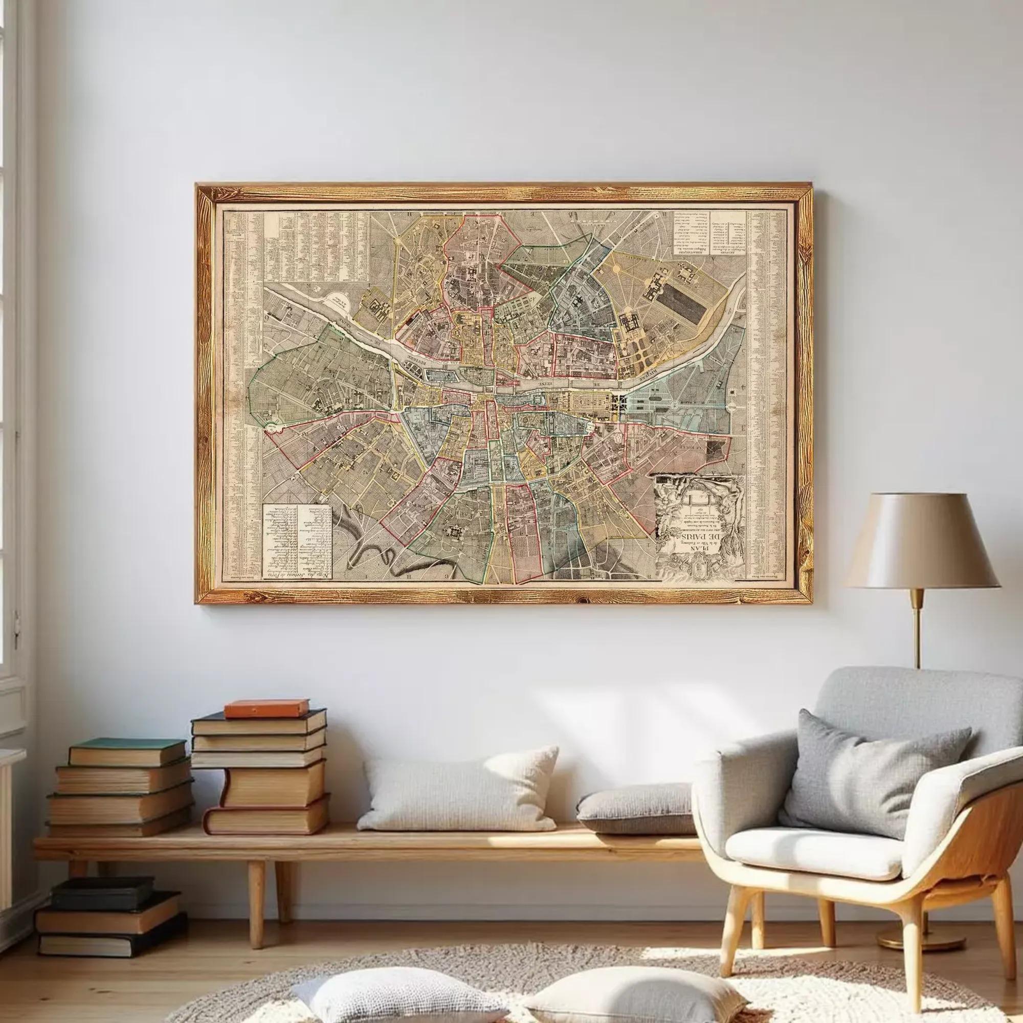a large framed map of a city hanging on a wall in a living room.