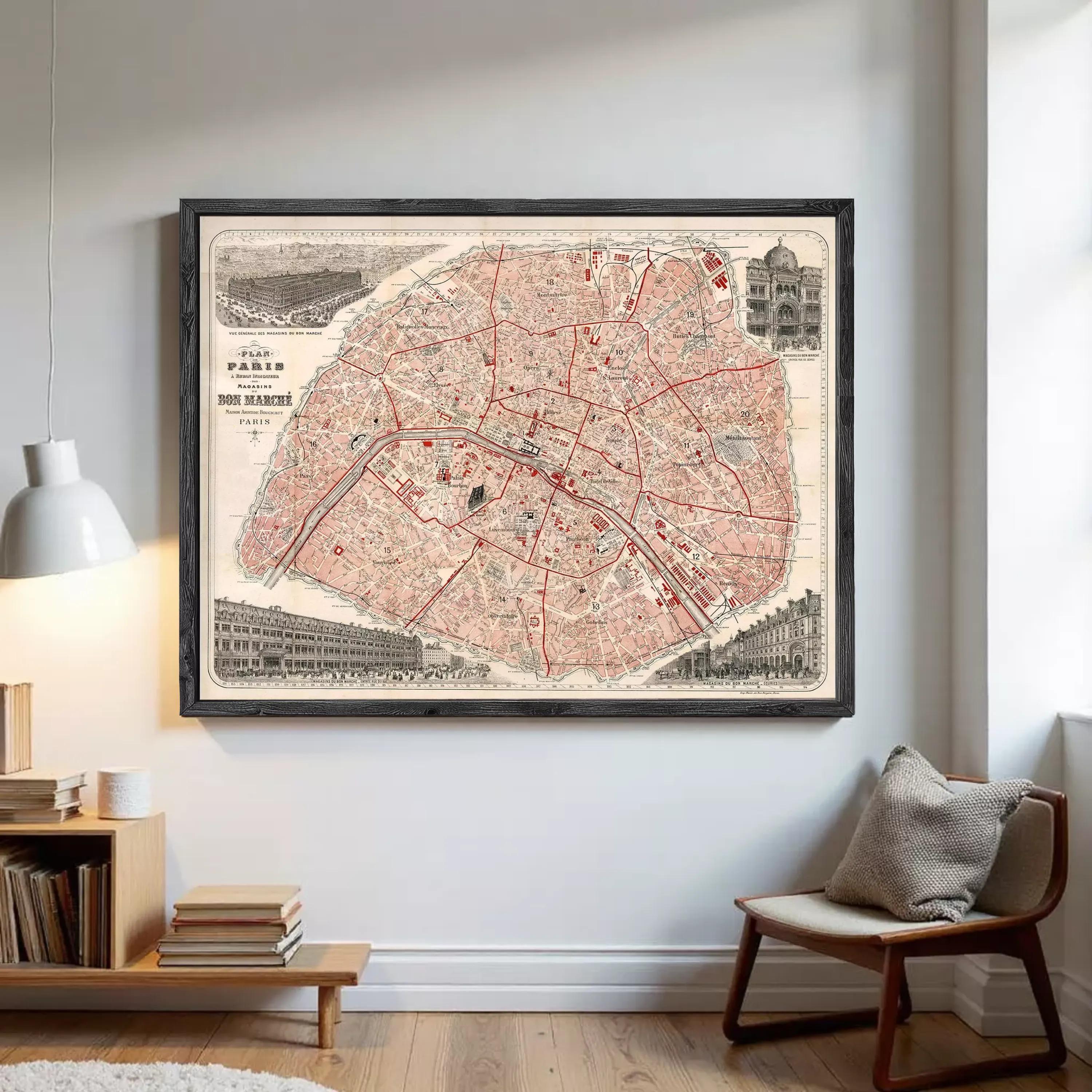 The image is a framed vintage map of Paris, France, depicting the city's streets and landmarks.