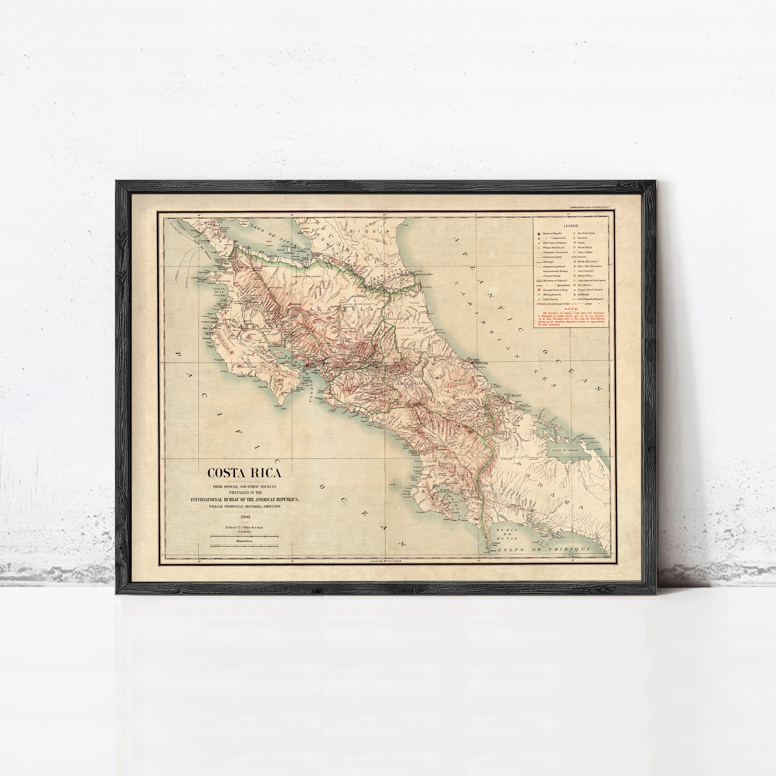 The image is a framed vintage map of Costa Rica, depicting the country's geographical layout and boundaries.