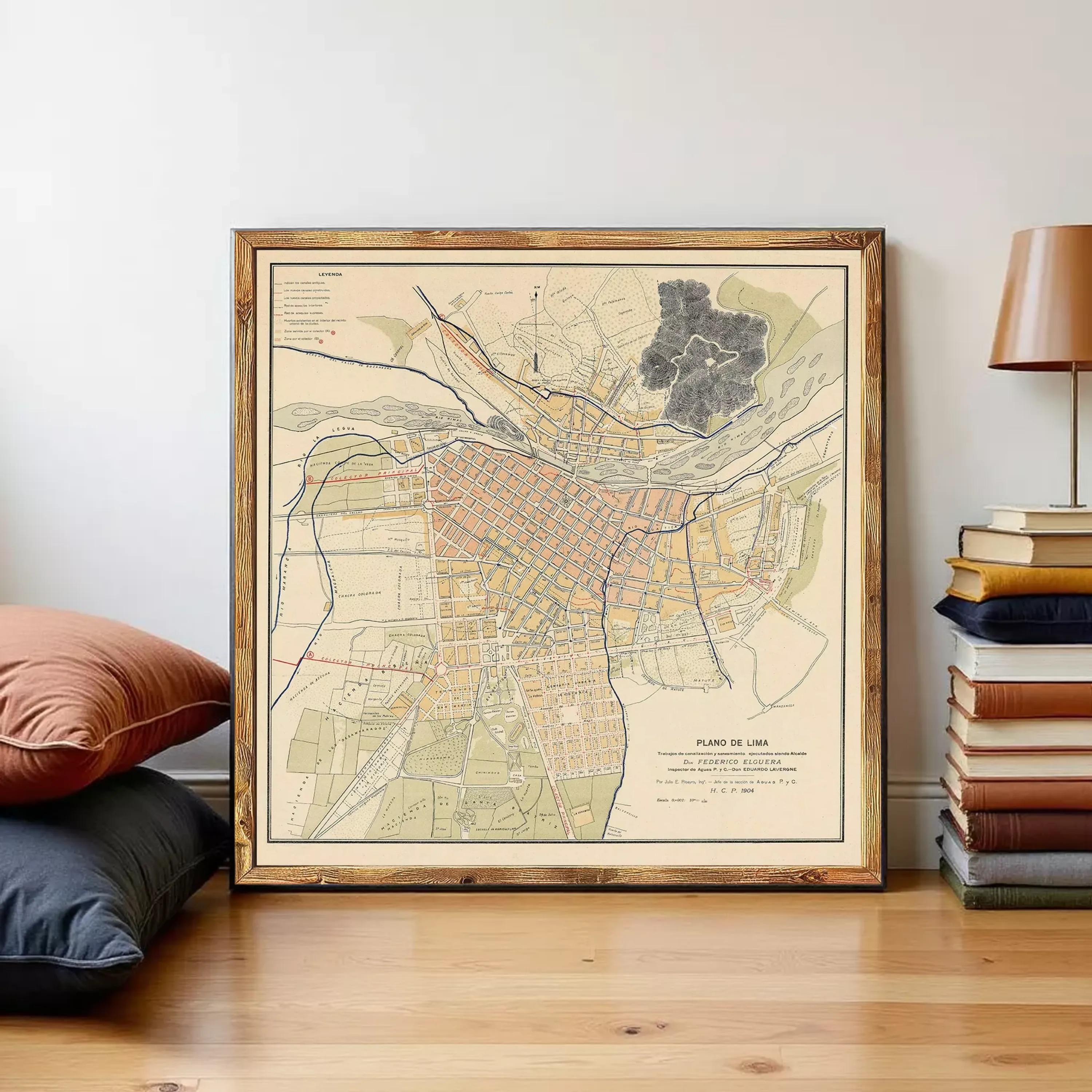 The image is a framed map of a city, depicting various streets, landmarks, and geographical features.