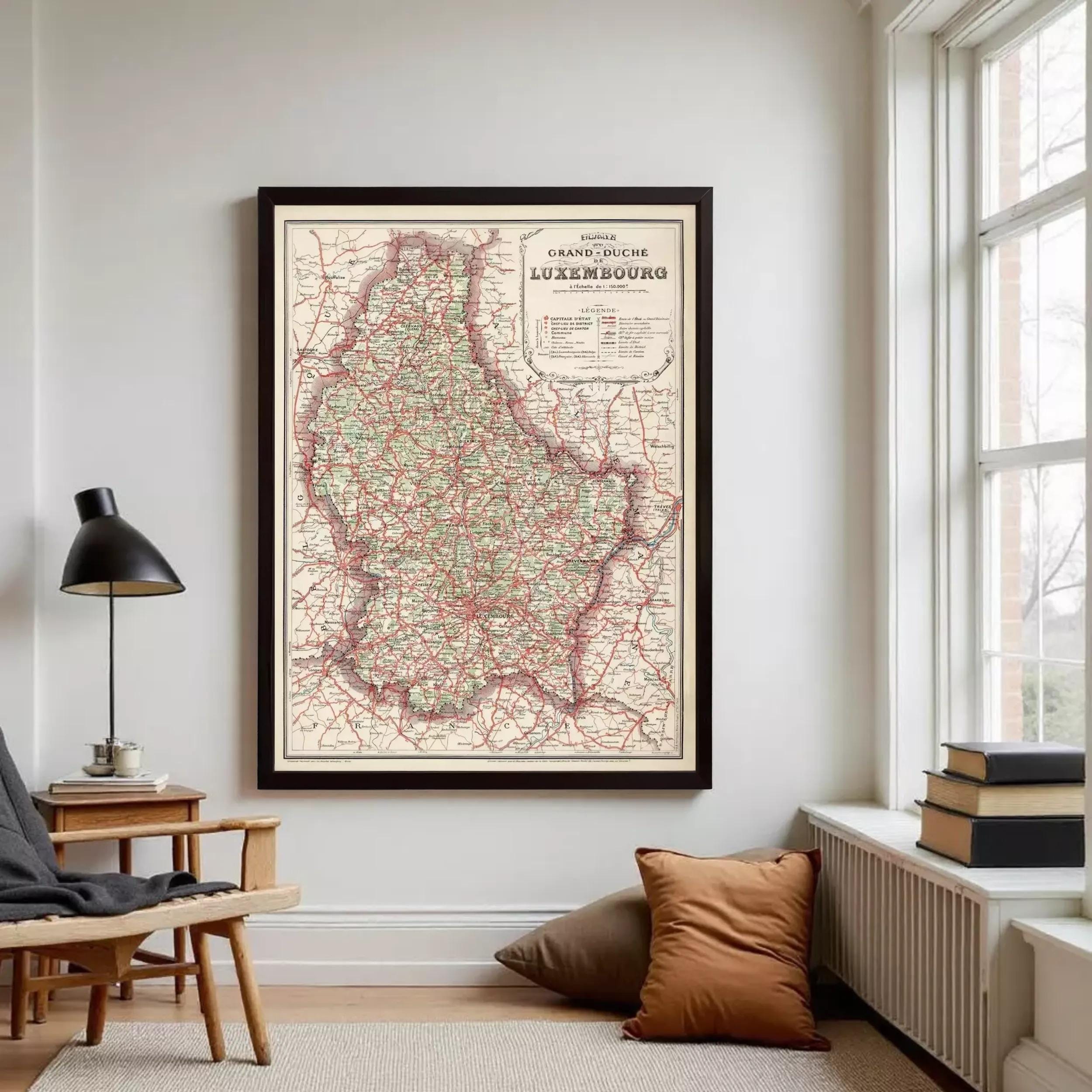 The image is a framed map of Luxembourg, showing the country's roads and surrounding areas.