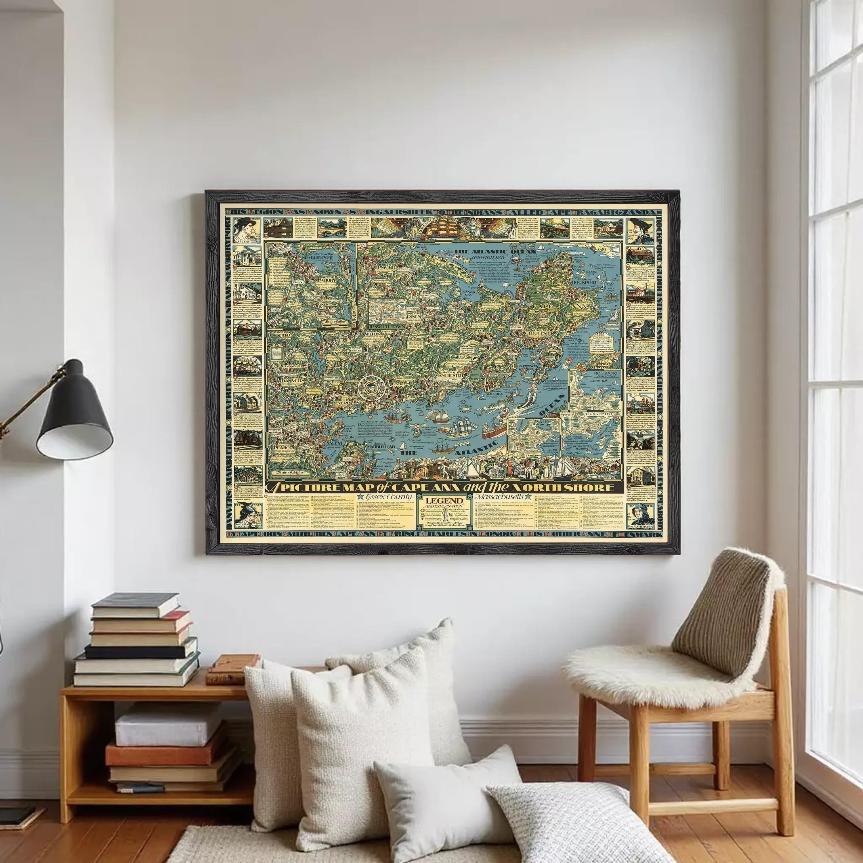 The image is a framed vintage map of the world, depicting various landmarks and locations.