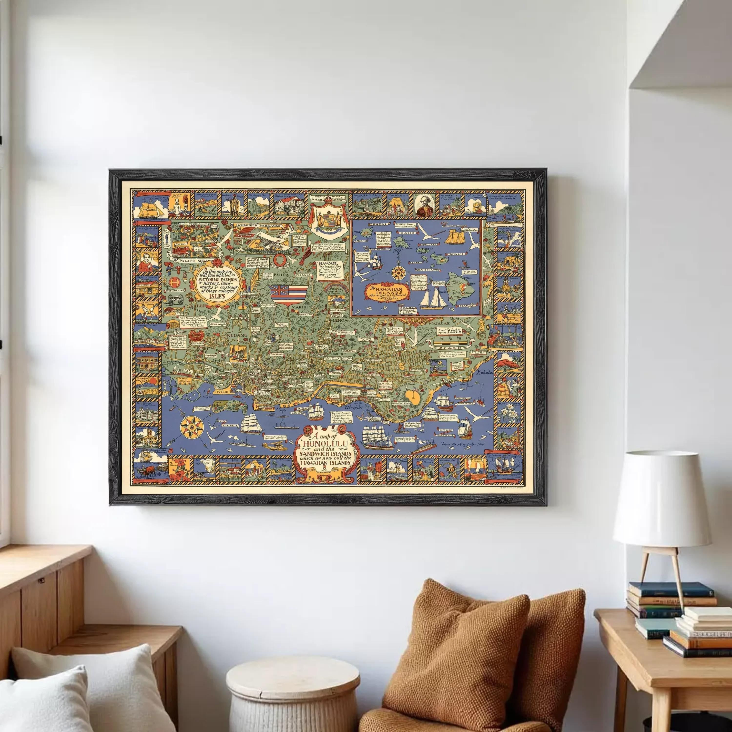 The image is a framed vintage map of the United States, featuring various landmarks, symbols, and illustrations in a colorful and detailed manner.