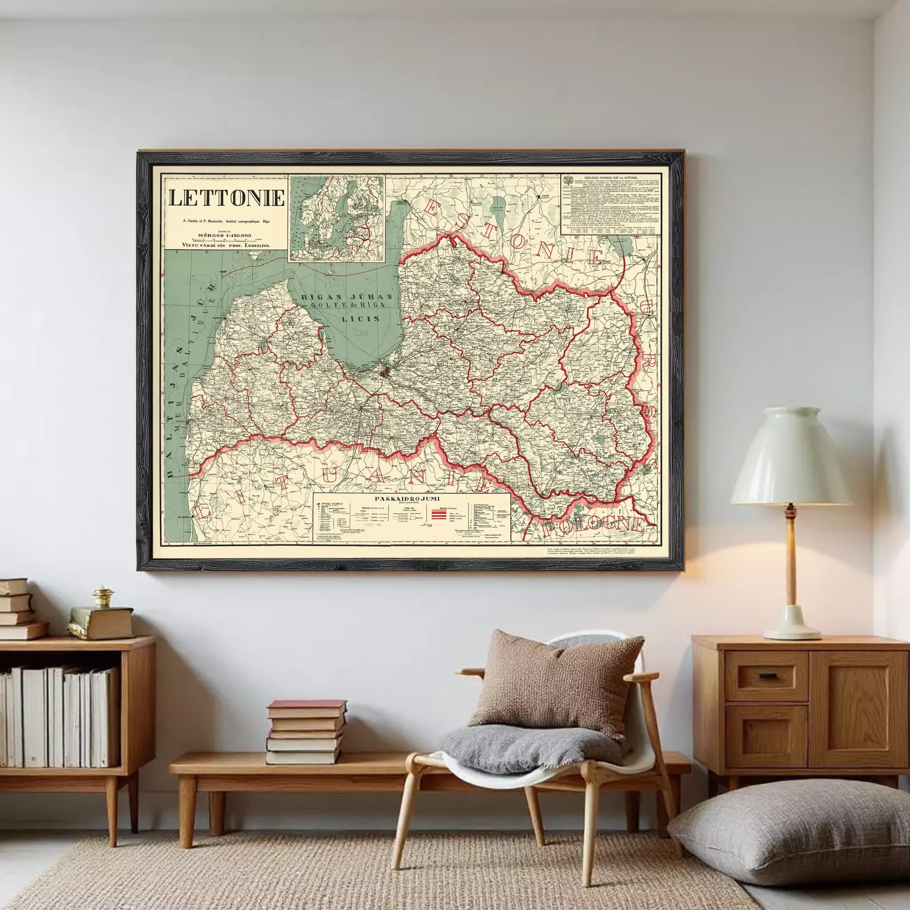 The image is a framed map of the country of Latvia, showing the country's geographical layout and boundaries.