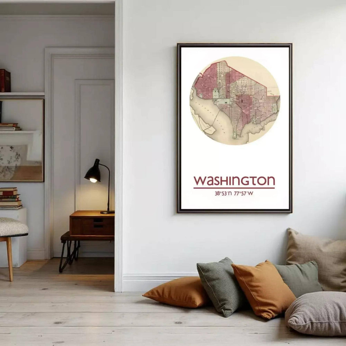a framed map of Washington, D.C., hanging on a wall in a living room.