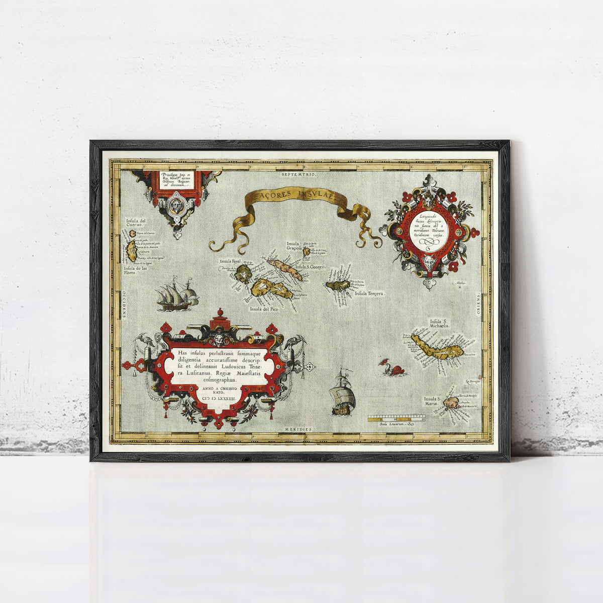 The image is a framed vintage map with various illustrations and text, including a banner at the top.