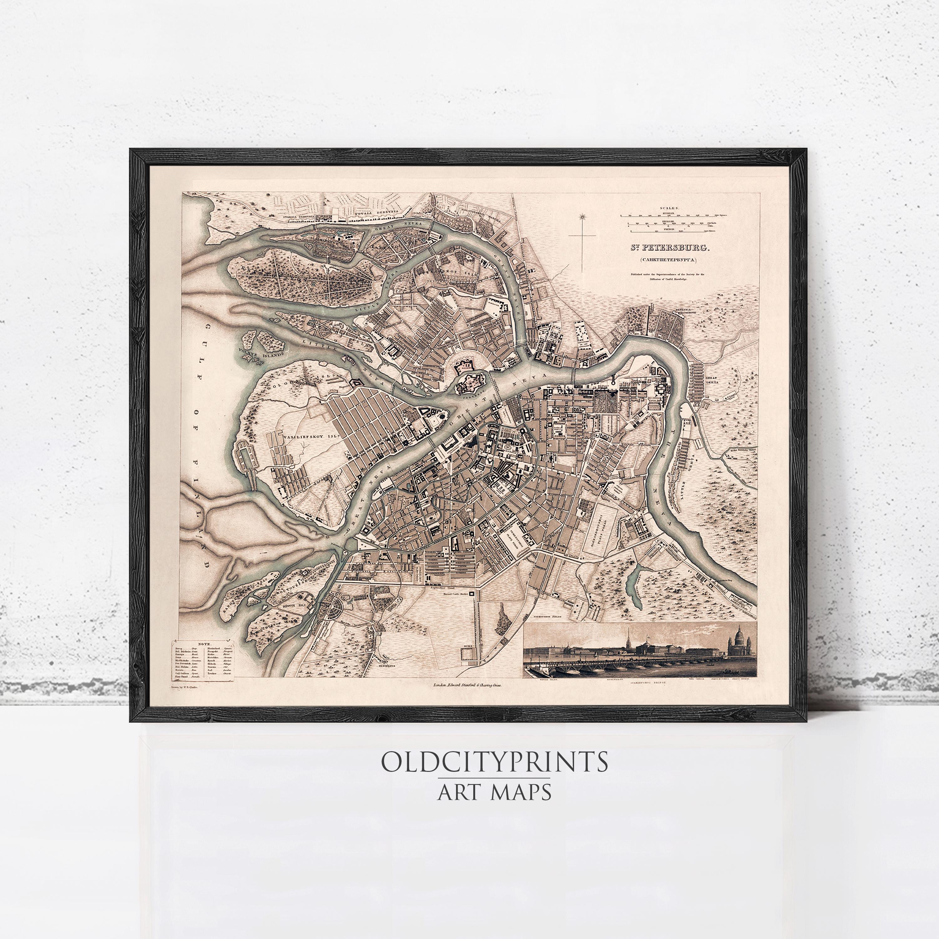 The image is a framed vintage map of St. Petersburg, Russia, depicting the city's layout and surrounding areas.