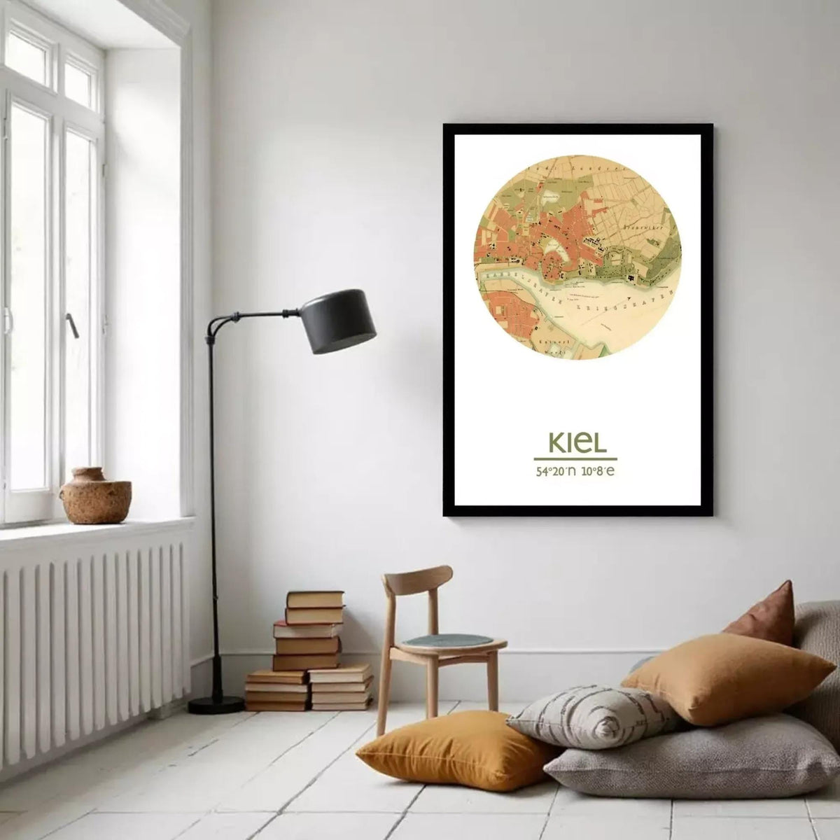 A framed map of Kiel, a city in Germany, with a vintage-style illustration of the city's layout and surrounding areas.