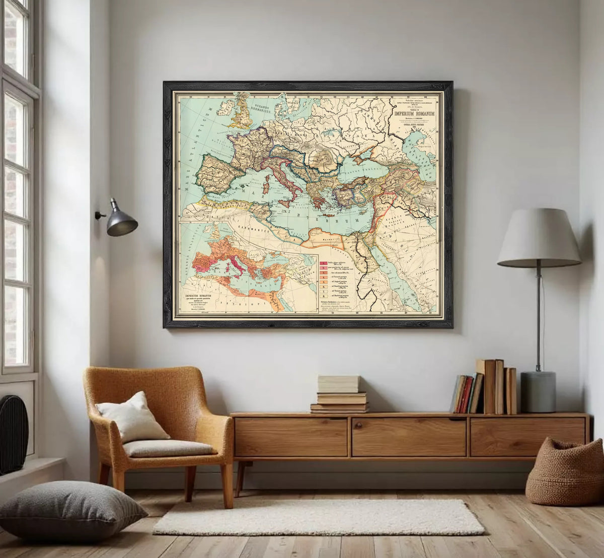 The image is a framed vintage map of the Roman Empire, depicting the Mediterranean region and surrounding areas.