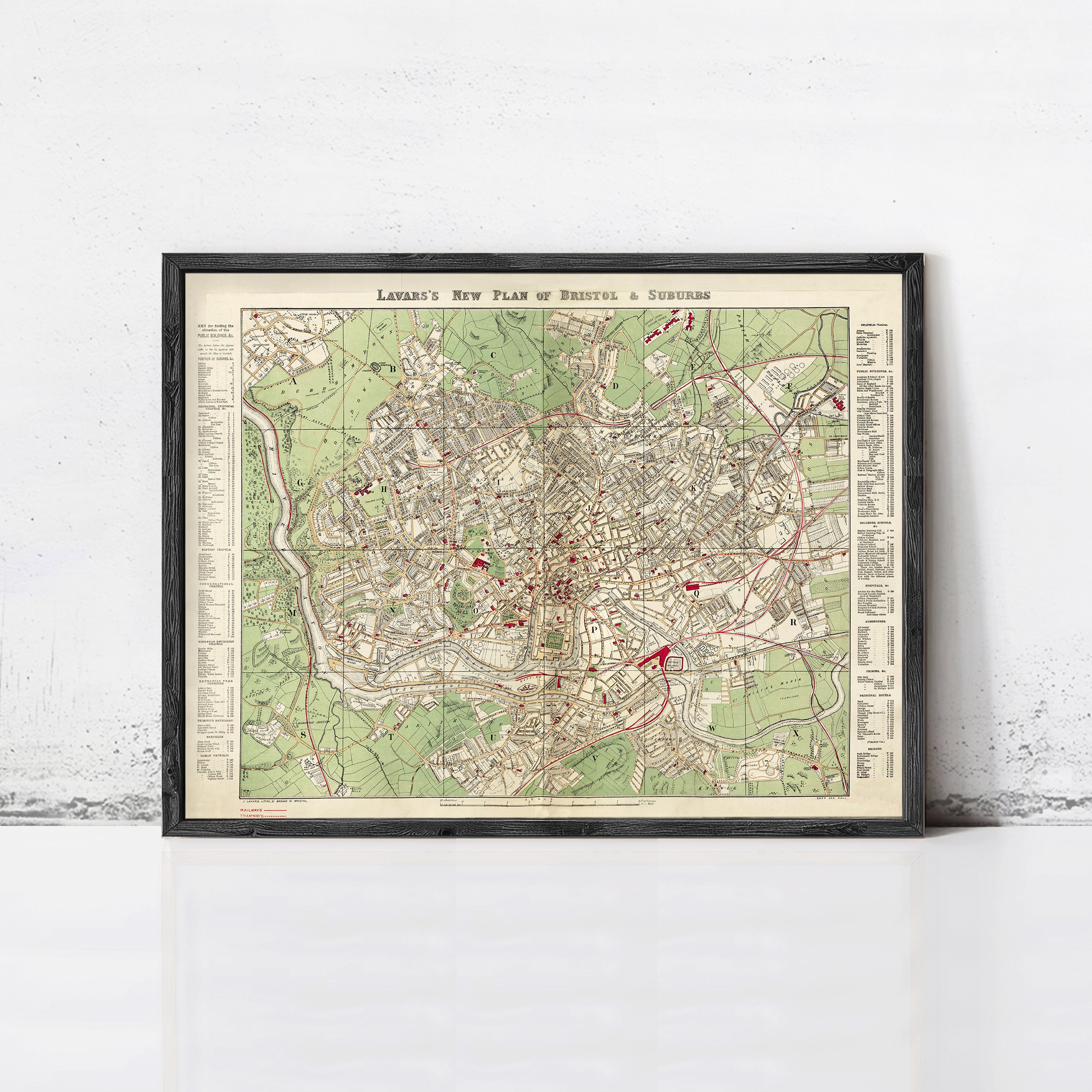 The image is a framed vintage map of London, England, showing the city's layout and surrounding areas.