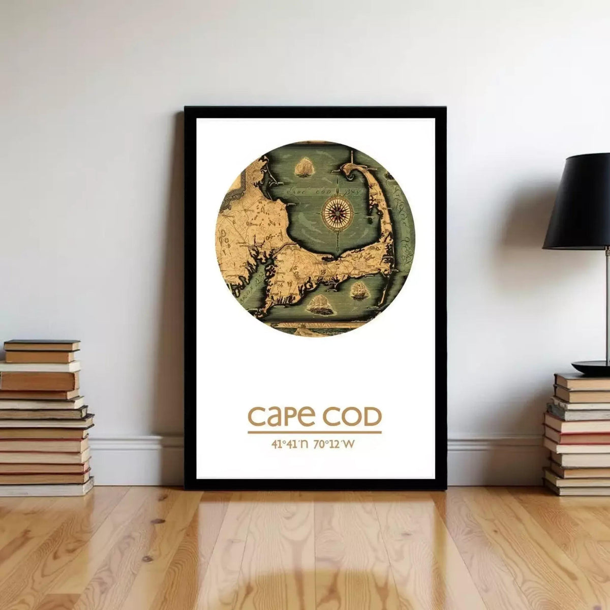 A framed poster of a map of Cape Cod, a coastal region in Massachusetts, Massachusetts, USA, with the text "Cape Cod" below the map.