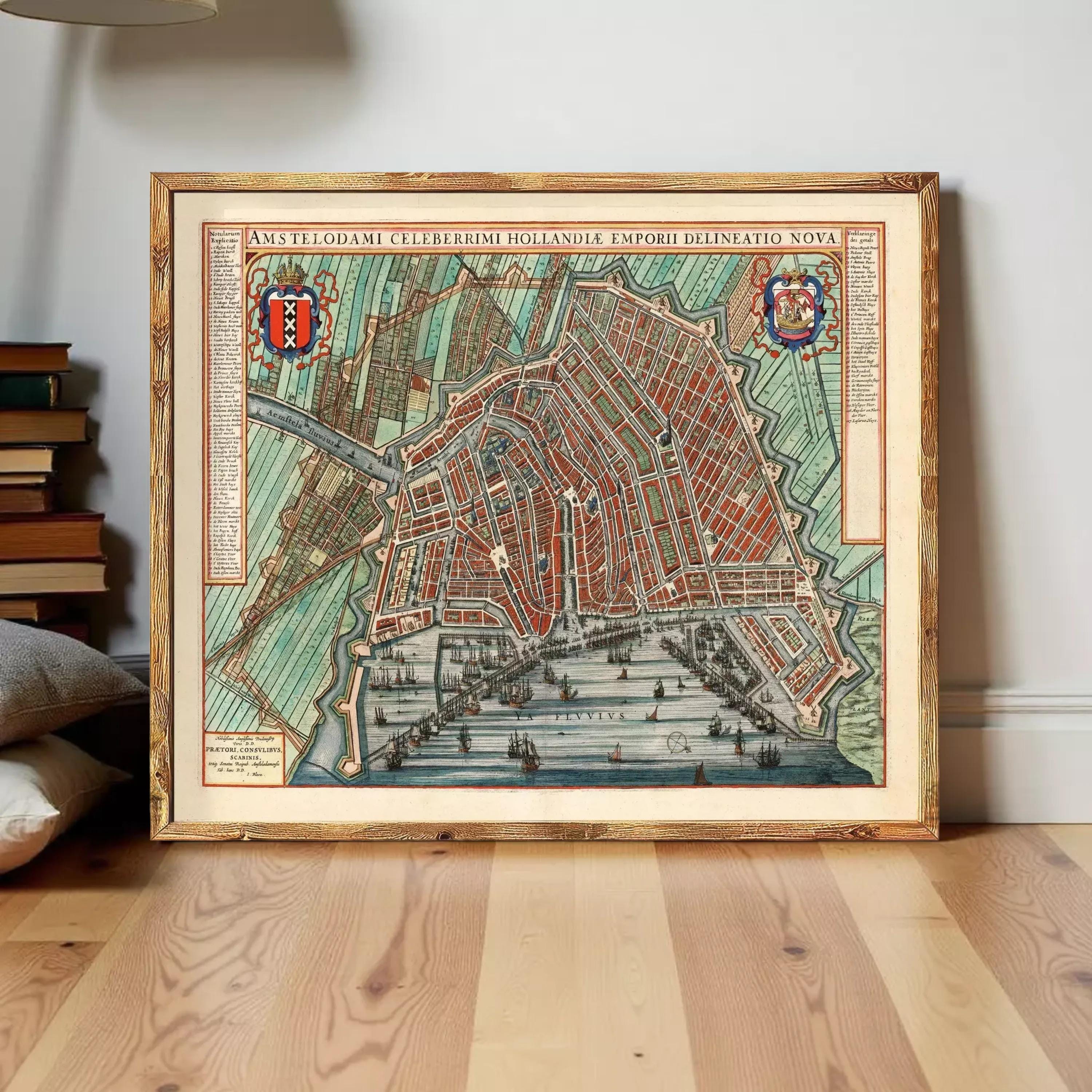 The image is a framed map of Amsterdam, Netherlands, depicting the city's streets, canals, and surrounding areas.