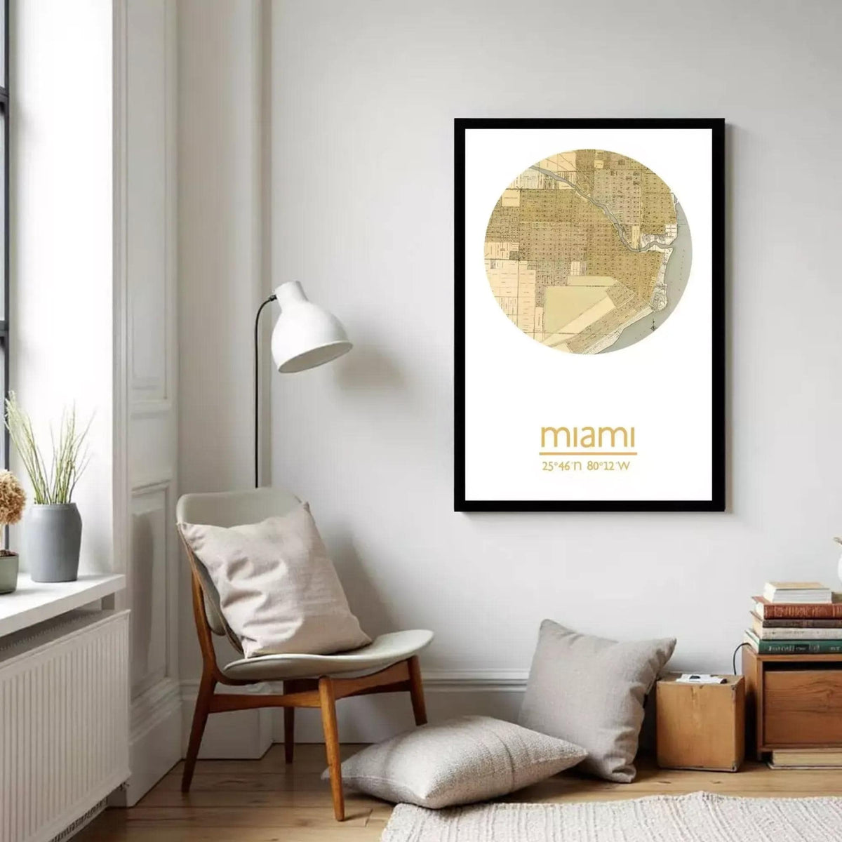 A framed map of Miami, Florida, with the city's location and surrounding area depicted.