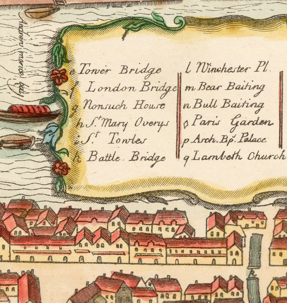 The image is a detailed map of a city, featuring various landmarks and buildings. It includes a list of notable locations such as Tower Bridge, London Bridge, and the Winchester Palace. The map also includes a decorative border and a decorative element that resembles a flower. The overall layout and design of the image suggest it is a historical or artistic representation of a cityscape.