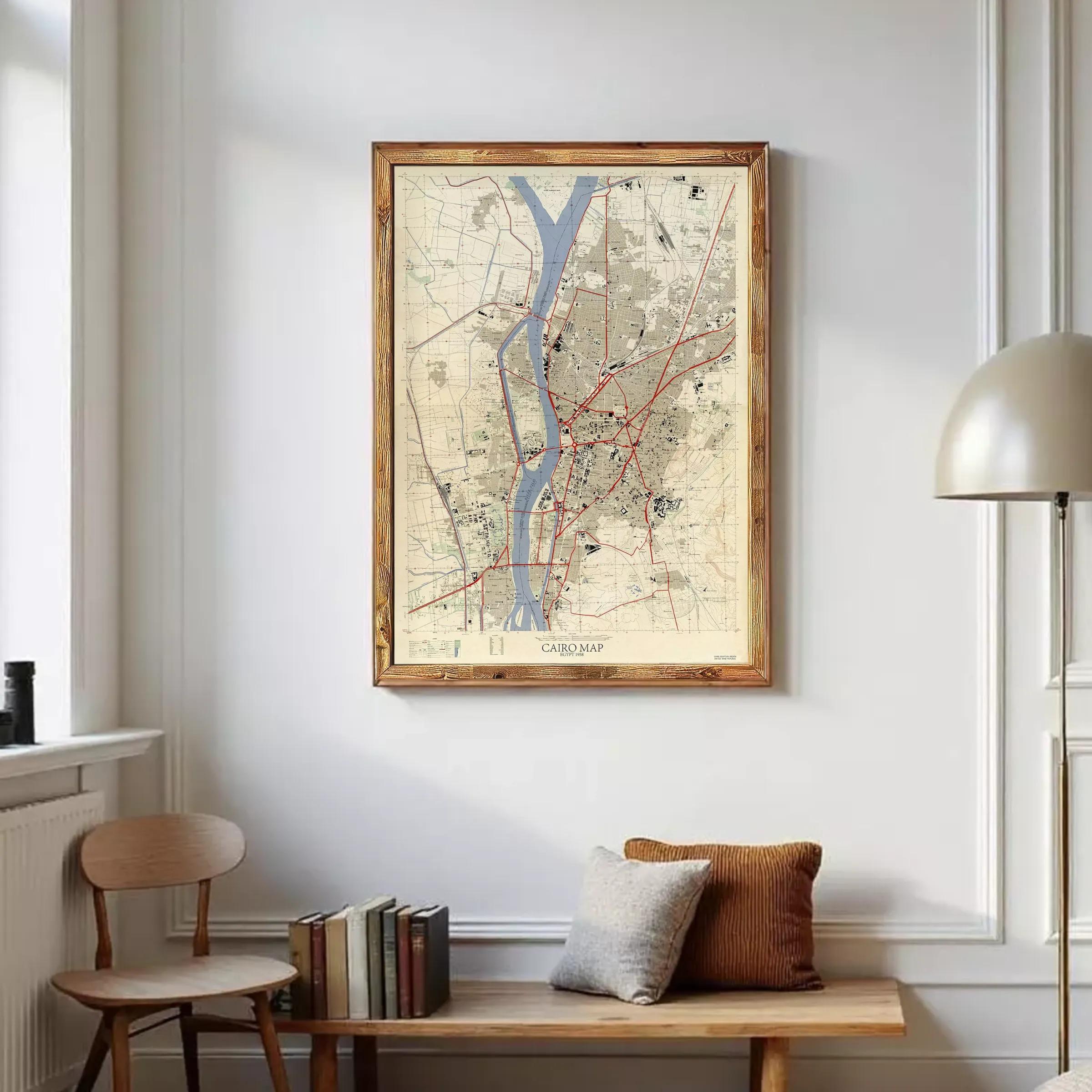 The image is a framed map of Cairo, Egypt, showing the city's streets, landmarks, and surrounding areas.