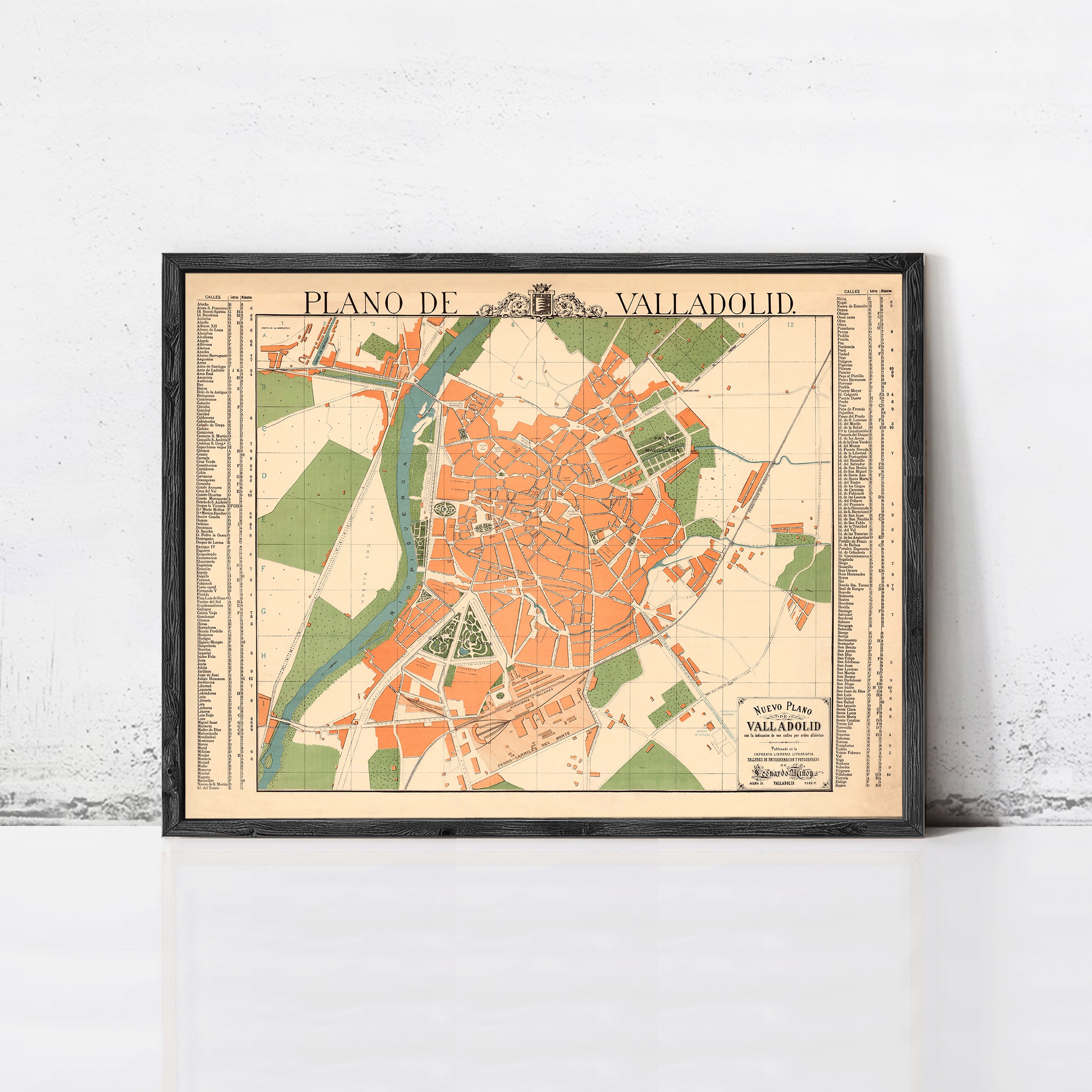 The image is a framed vintage map of Vallodol, showing the layout of the city and surrounding areas.