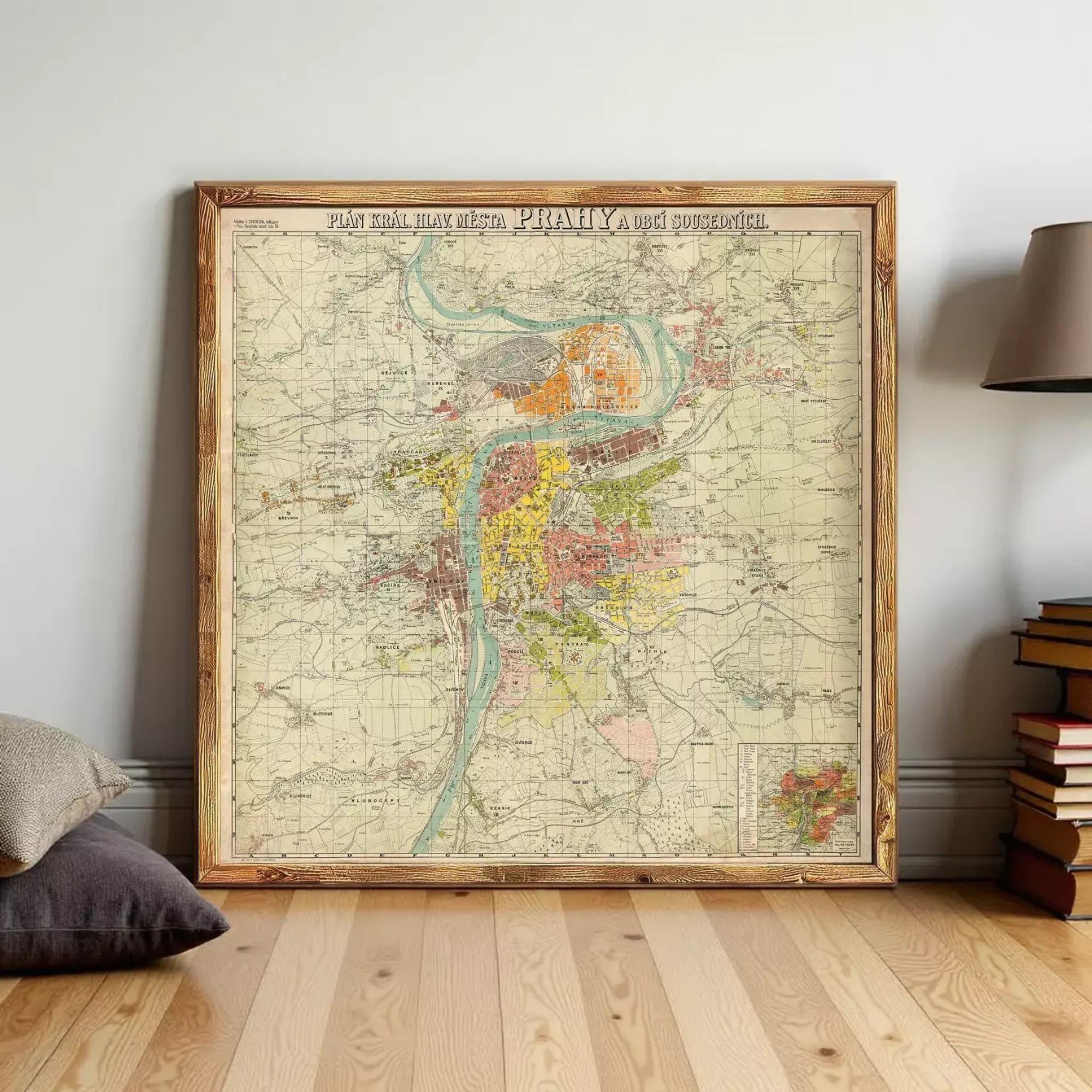 A large framed map of a city or region, with various colored areas representing different zones or neighborhoods.